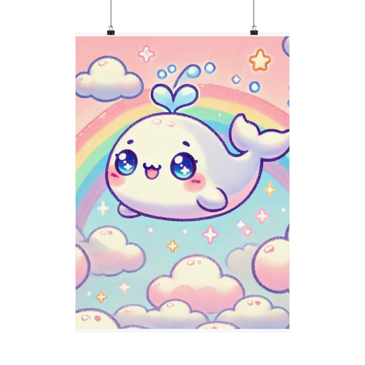 Kawaii Rainbow Whale Pastel Cloud Wall Art Poster