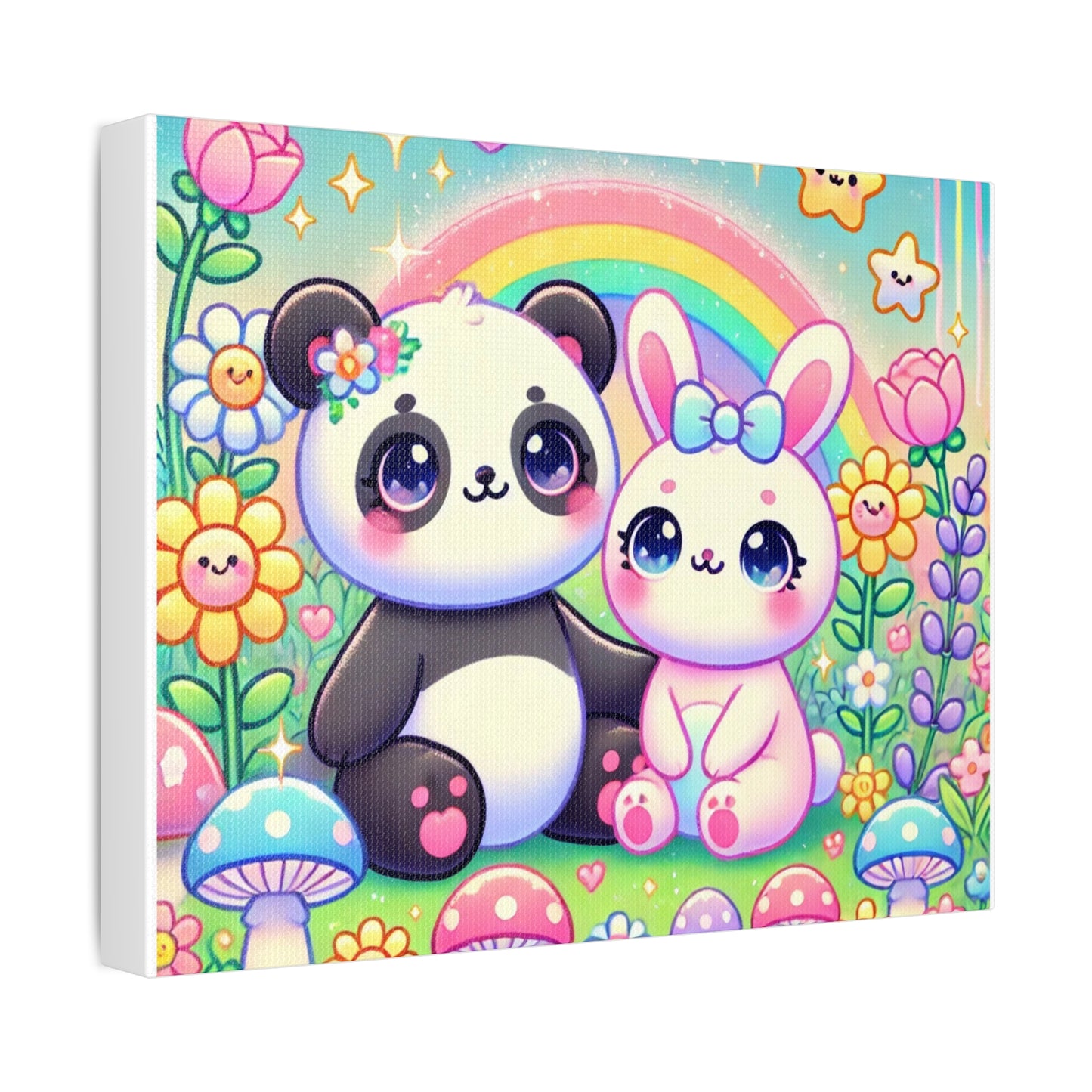 Pastel Panda and Bunny Rainbow Garden Canvas Wall Art
