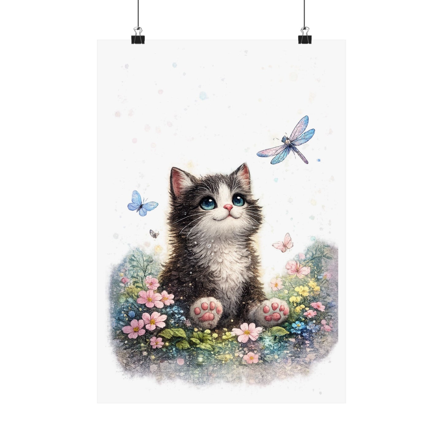 Whimsical Kitten Butterfly Garden Art Poster