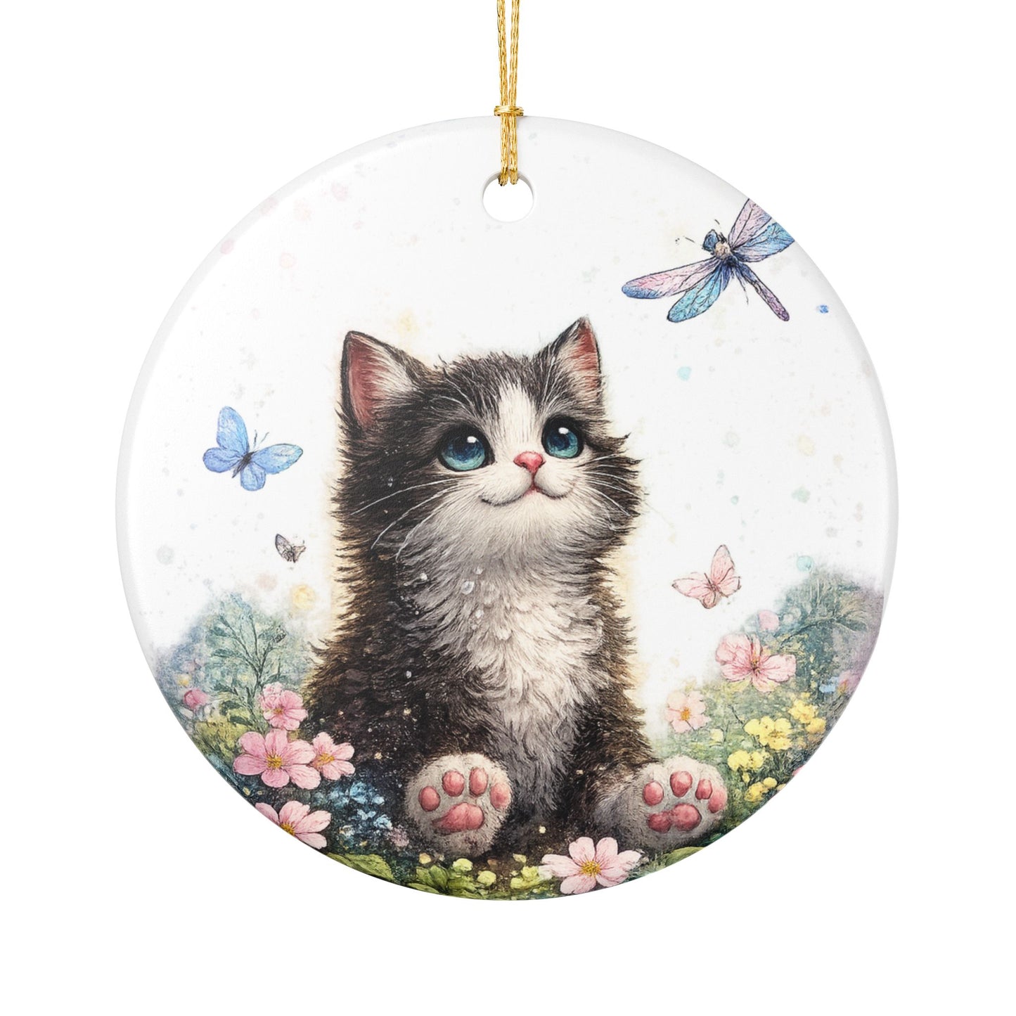 Whimsical Kitten Butterfly Garden Art Ceramic Ornament, Holiday Keepsake and Gif