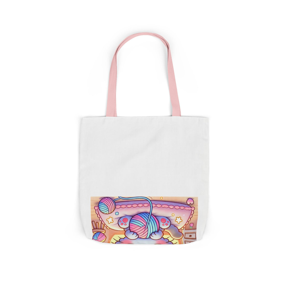 Cozy Kawaii Knitting Cat Pastel Yarn Canvas Tote Bag