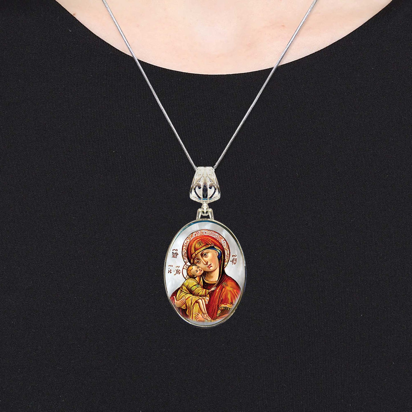 Holy Virgin Mary Vladimir Silver Plated Mother of Pearl Necklace Jewelry - 43011