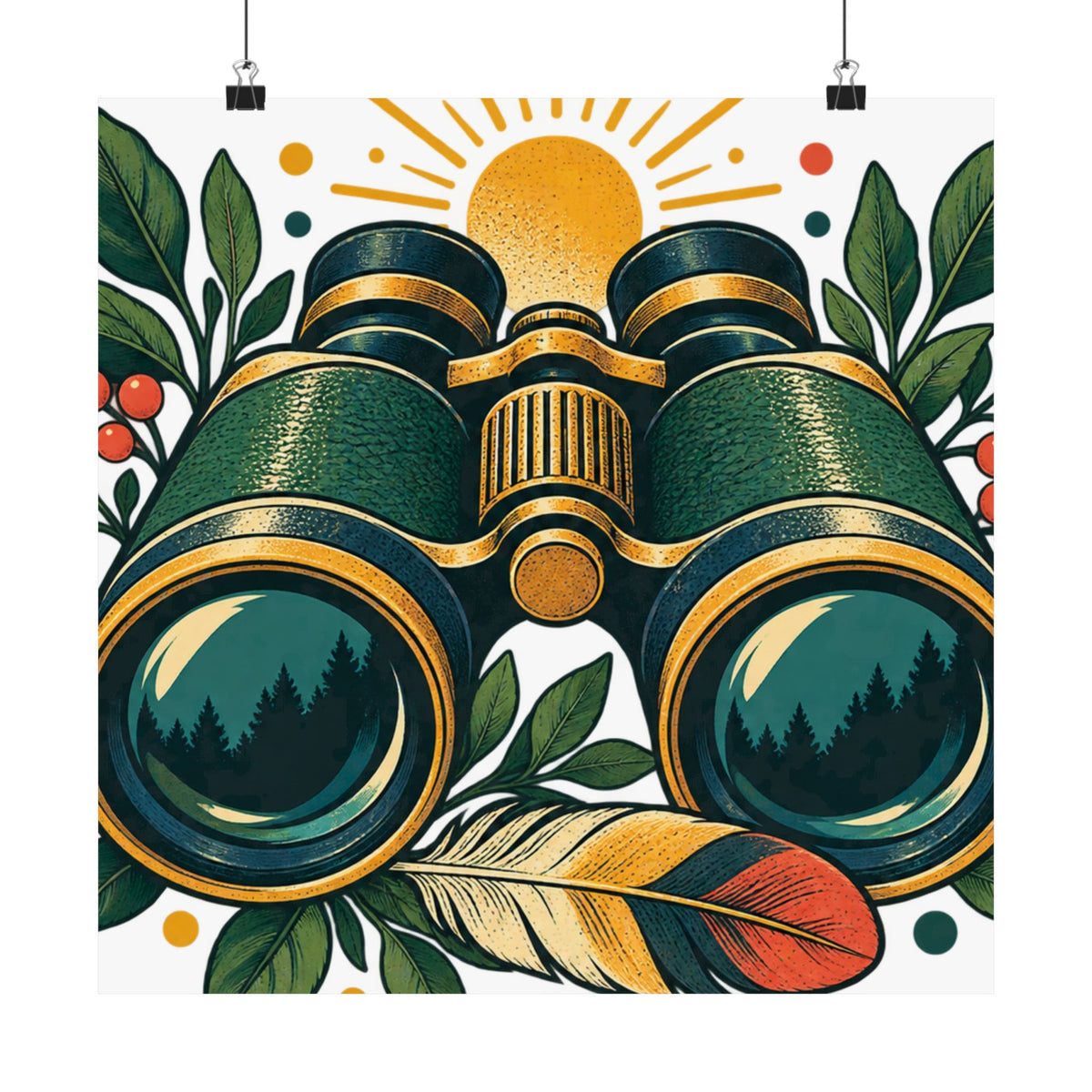 Retro Binoculars and Botanical Birdwatching Art Poster