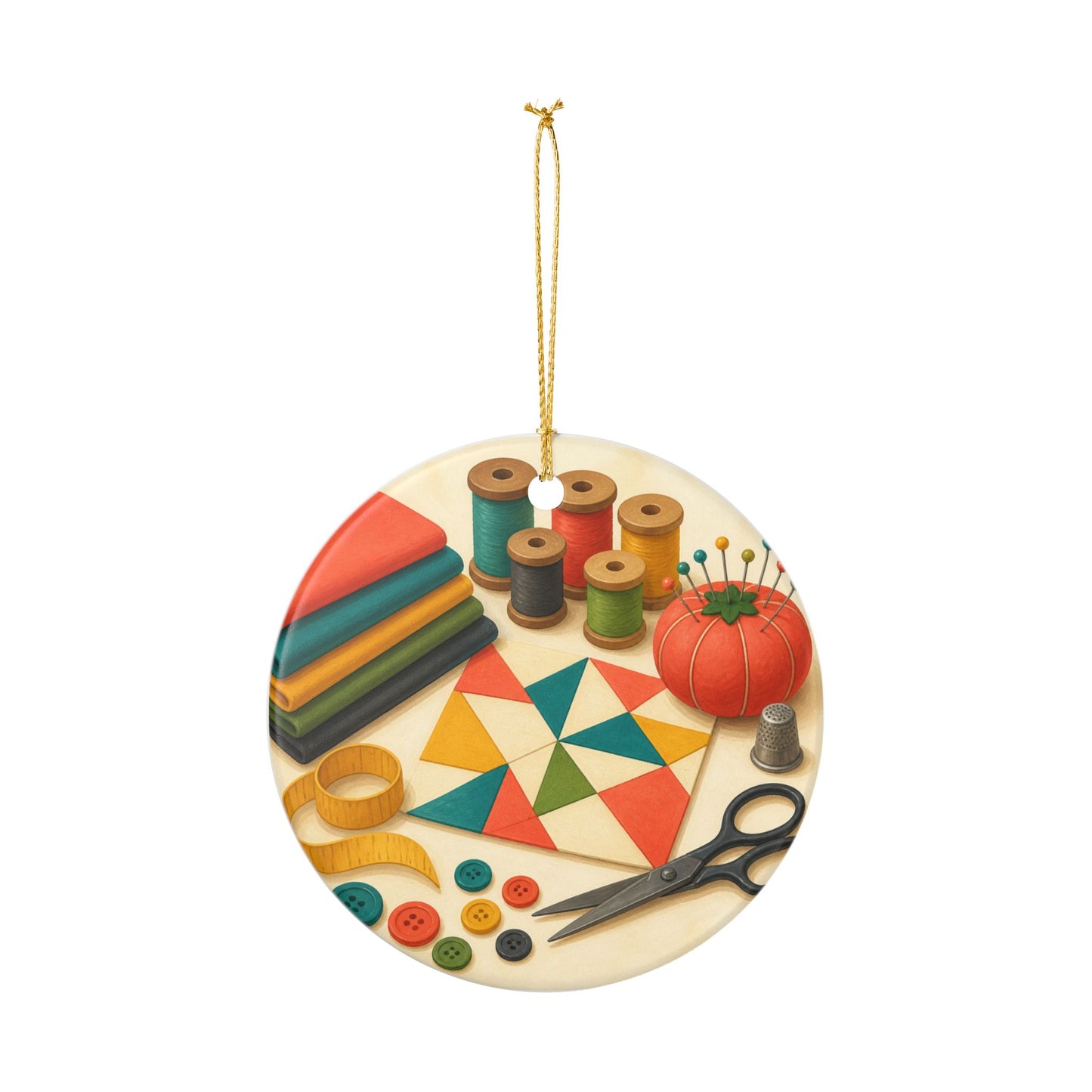 Colorful Sewing and Quilting Hobby Art Ceramic Ornament, Holiday Keepsake and Gi