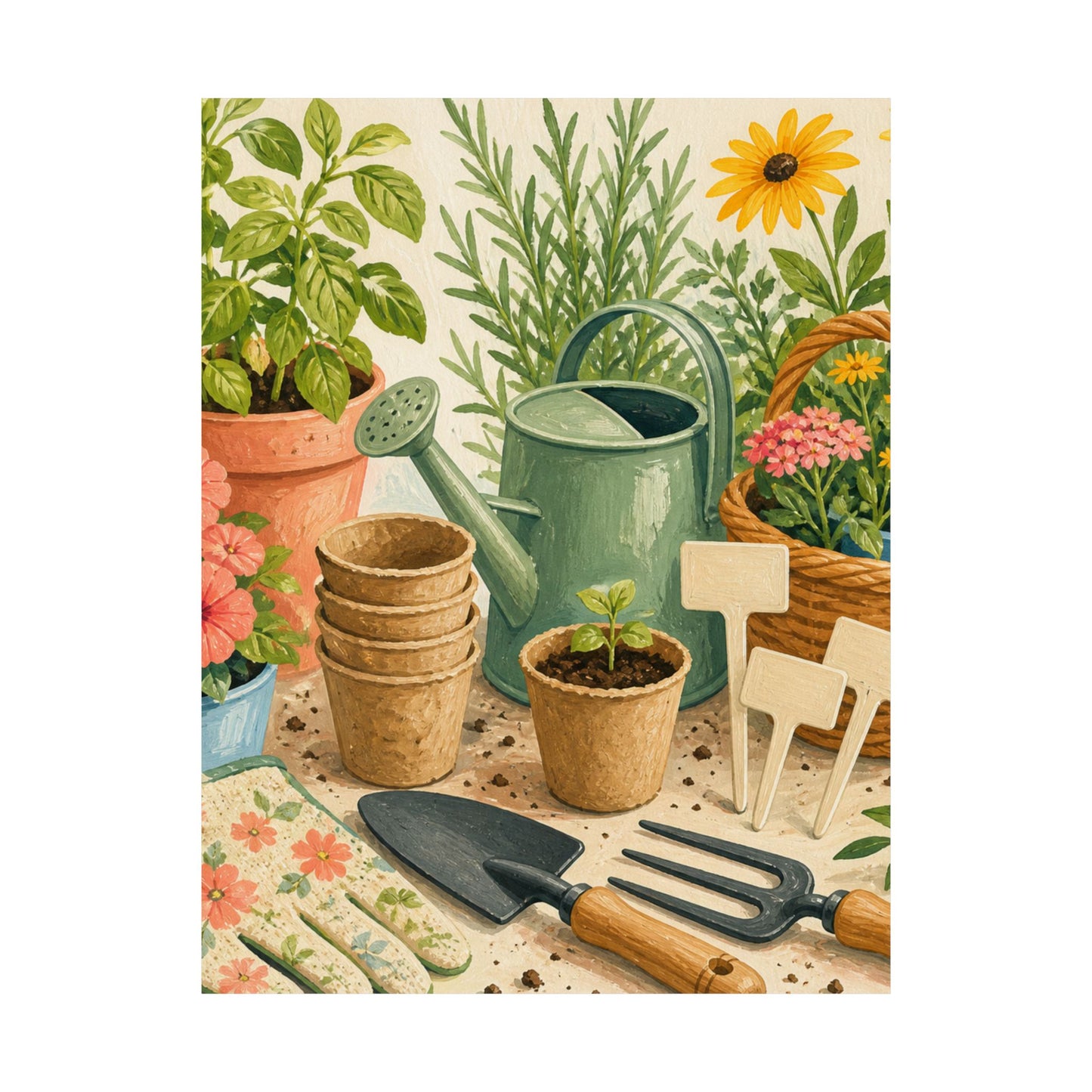 Colorful Gardening Tools and Flowers Hobby Poster