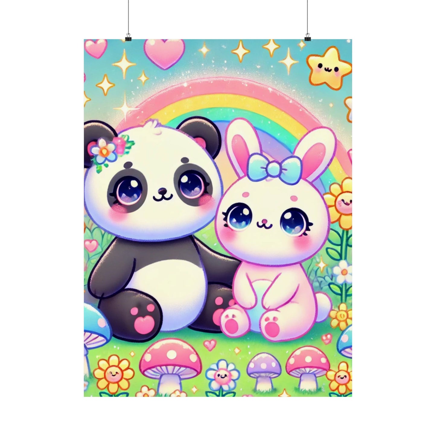 Pastel Panda and Bunny Rainbow Garden Wall Art Poster