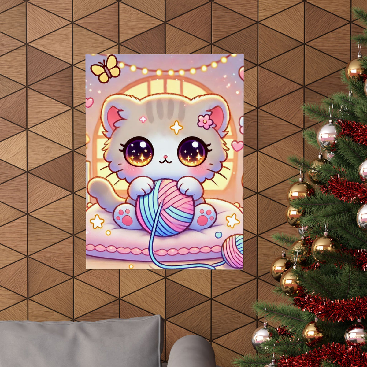 Cozy Kawaii Knitting Cat Pastel Yarn Wall Art Poster