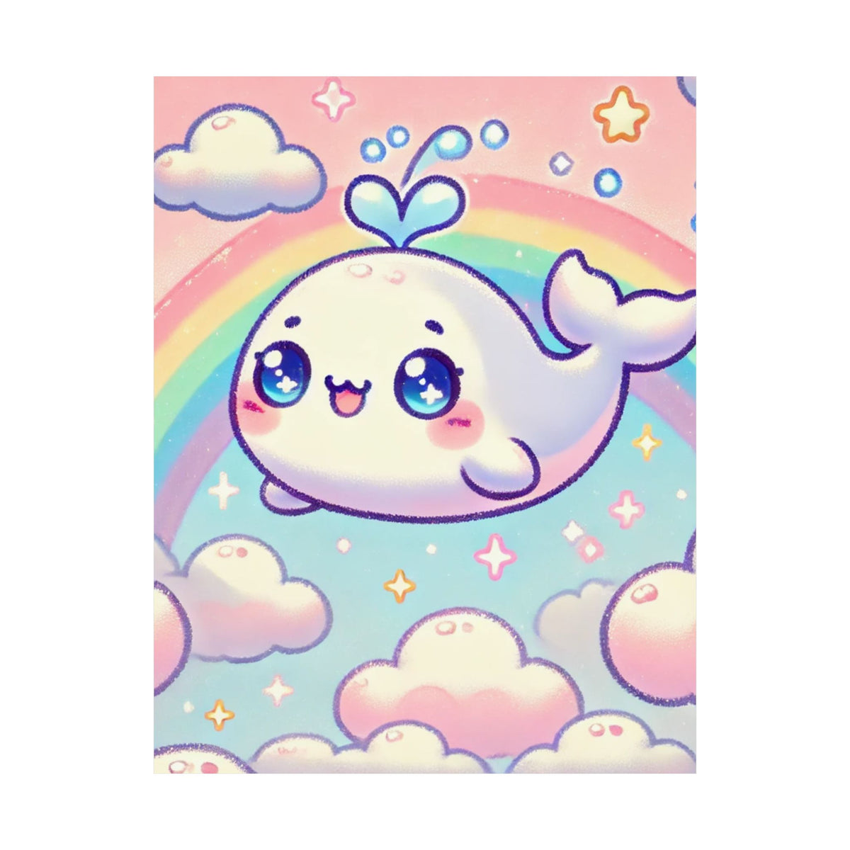 Kawaii Rainbow Whale Pastel Cloud Wall Art Poster