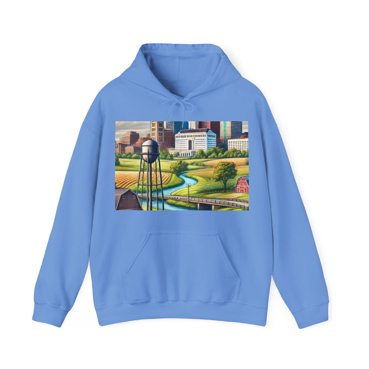 Rural River City Skyline Hometown Landscape Cozy Hoodie