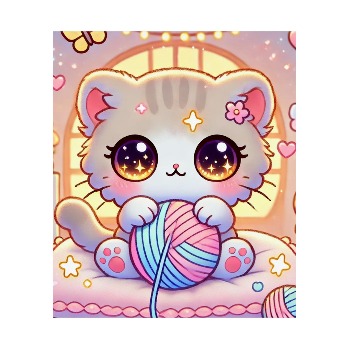Cozy Kawaii Knitting Cat Pastel Yarn Wall Art Poster