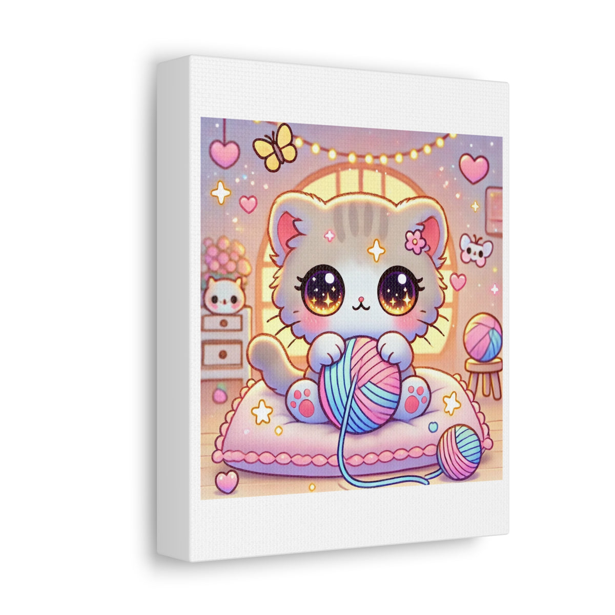 Cozy Kawaii Knitting Cat Pastel Yarn Canvas Wall Art