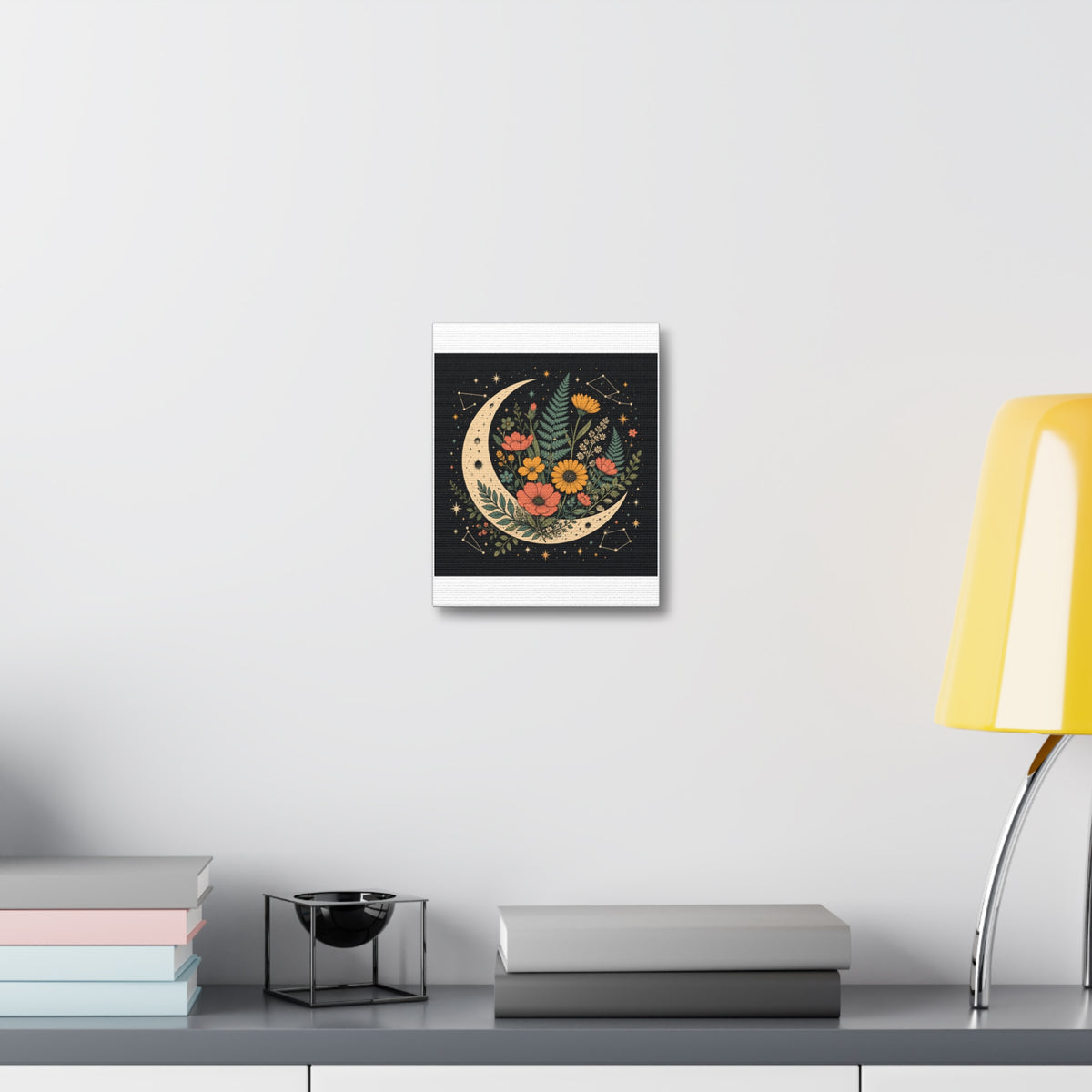 Celestial Wildflower Crescent Moon Botanical Canvas Art