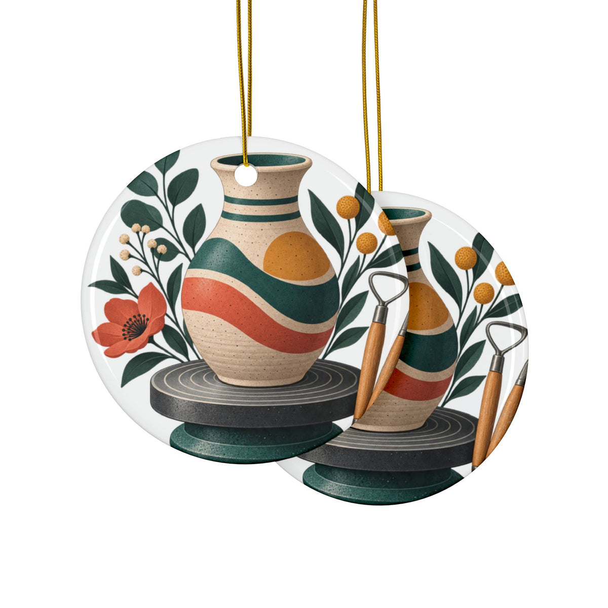 Midcentury Pottery Botanical Art Round Ornament