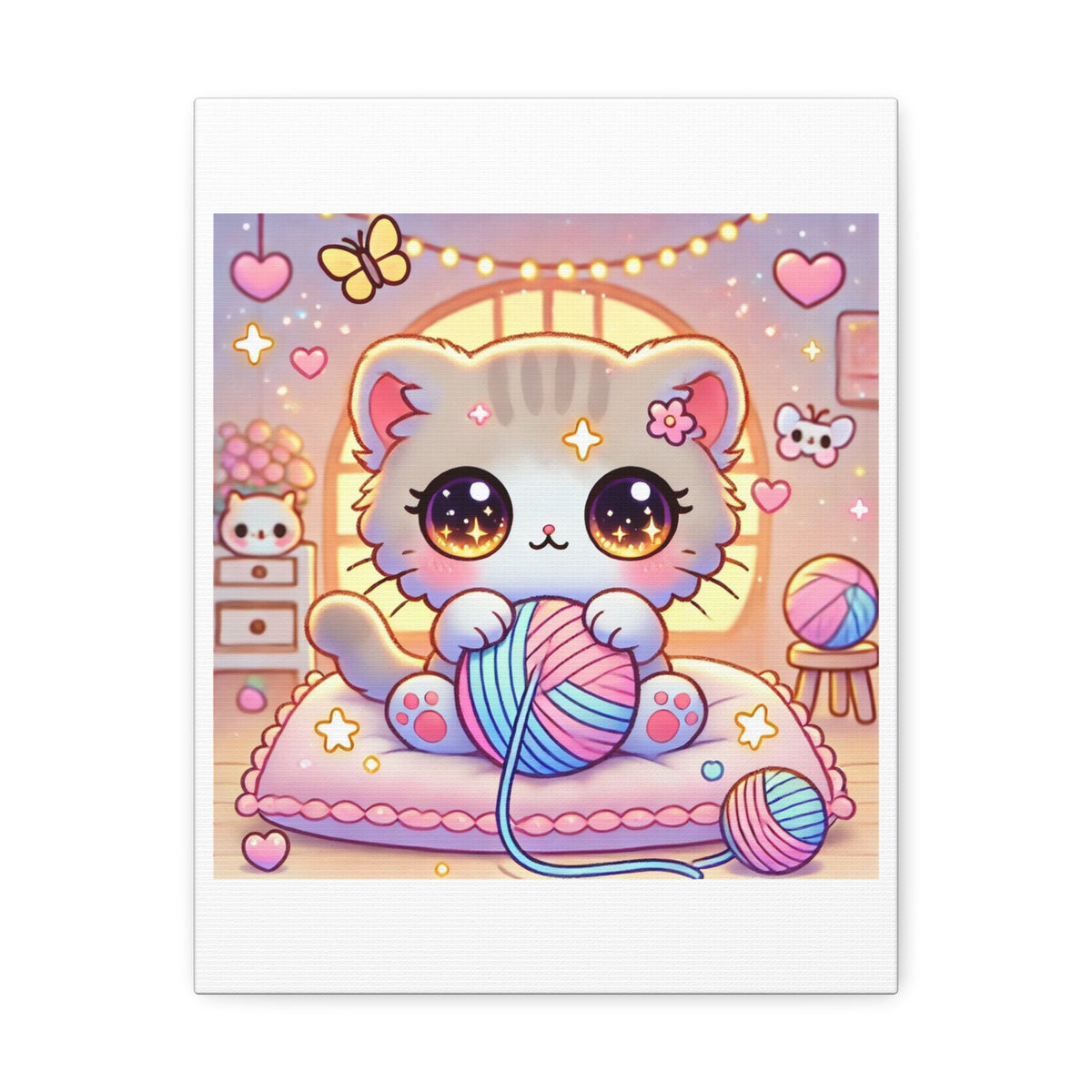 Cozy Kawaii Knitting Cat Pastel Yarn Canvas Wall Art