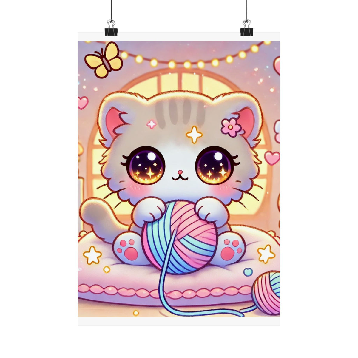 Cozy Kawaii Knitting Cat Pastel Yarn Wall Art Poster