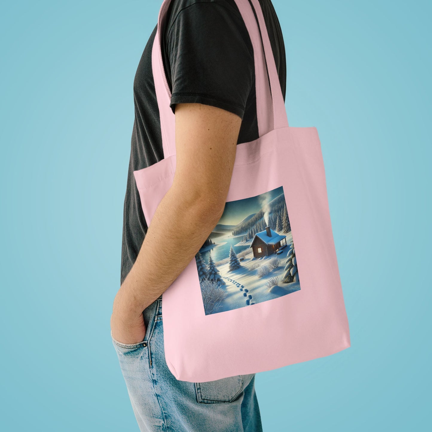 Snowy Cabin Winter Lake Landscape Art Tote Bag