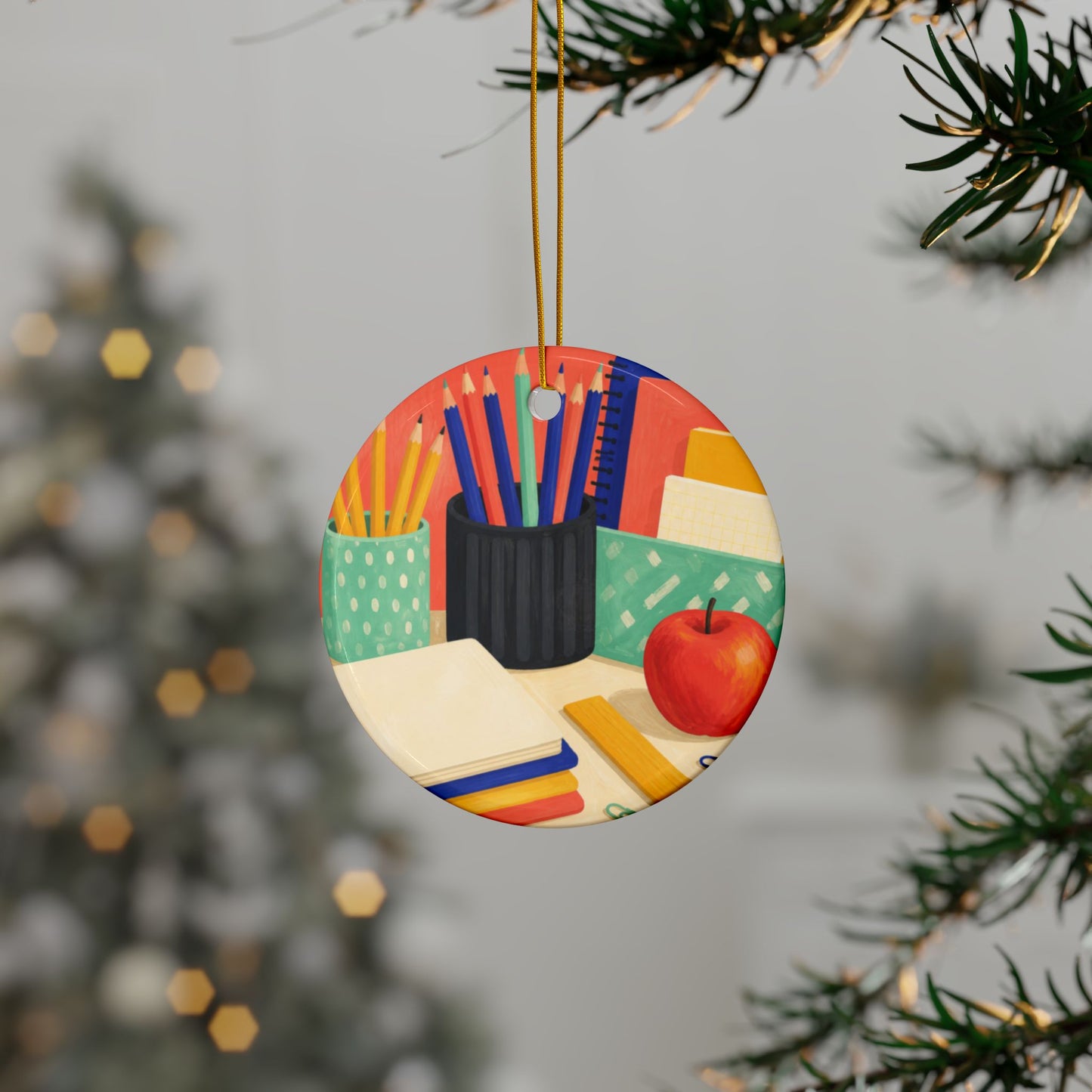 Colorful Teacher Desk Supplies Art Ceramic Ornament, Holiday Keepsake and Gift