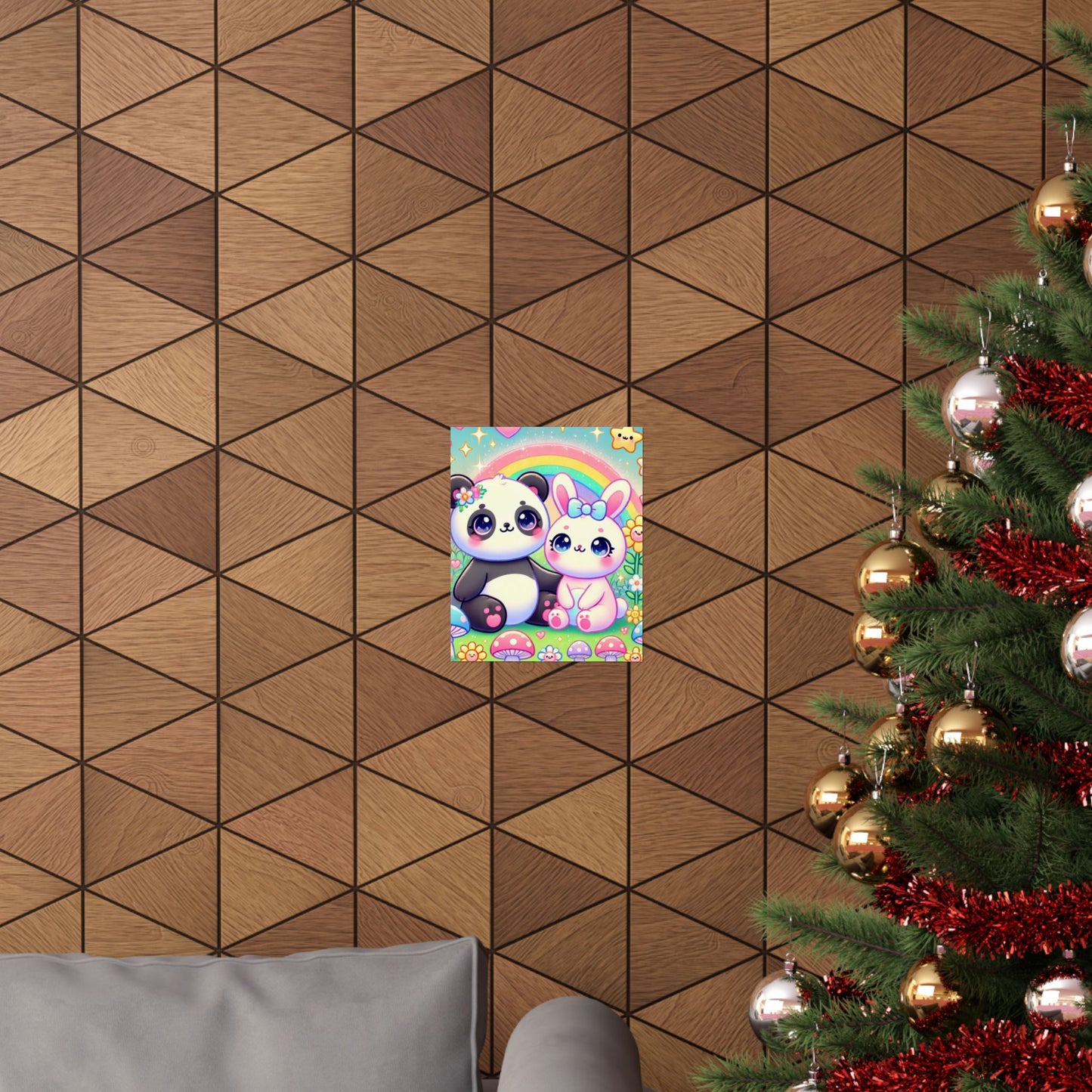 Pastel Panda and Bunny Rainbow Garden Wall Art Poster