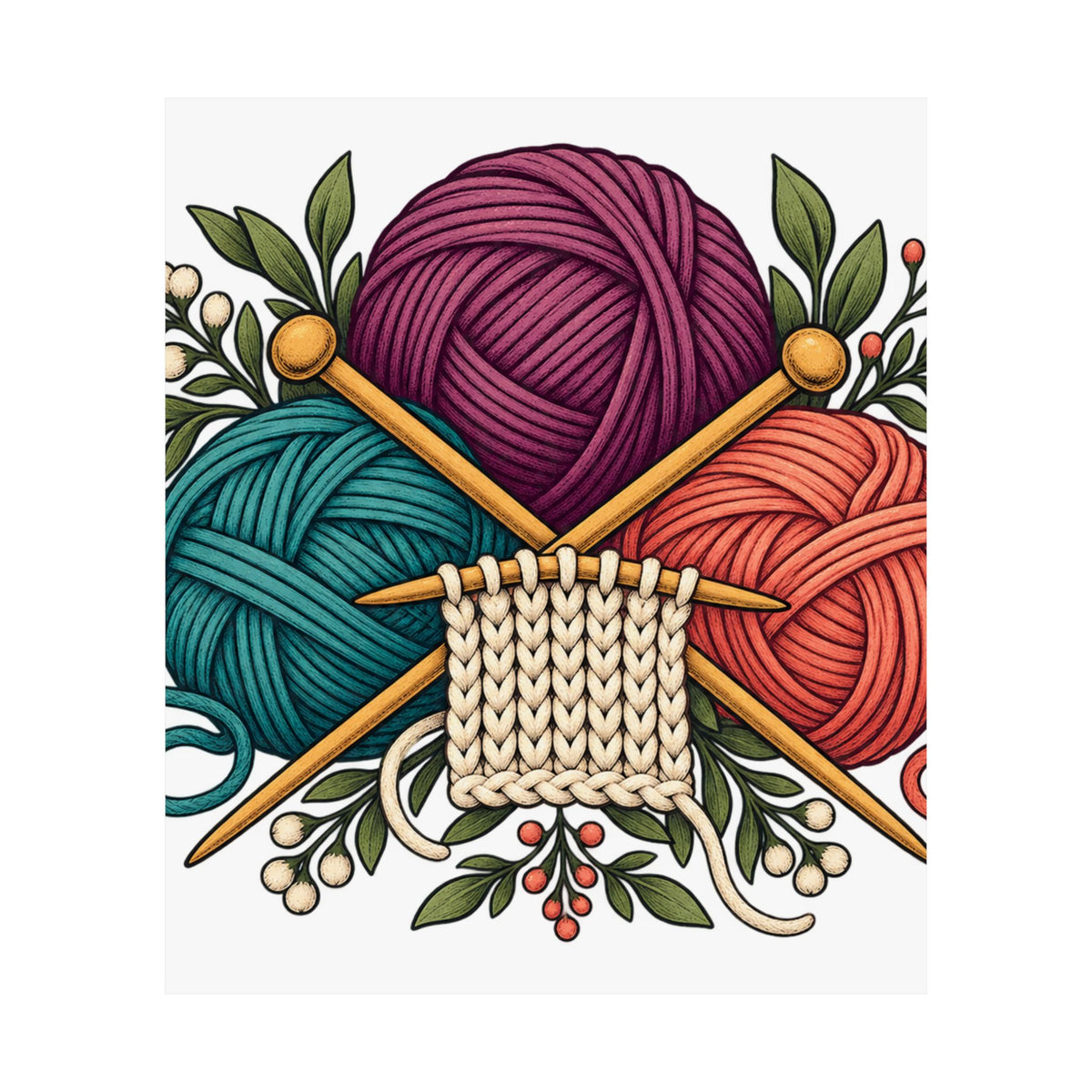 Retro Yarn and Knitting Botanical Art Poster