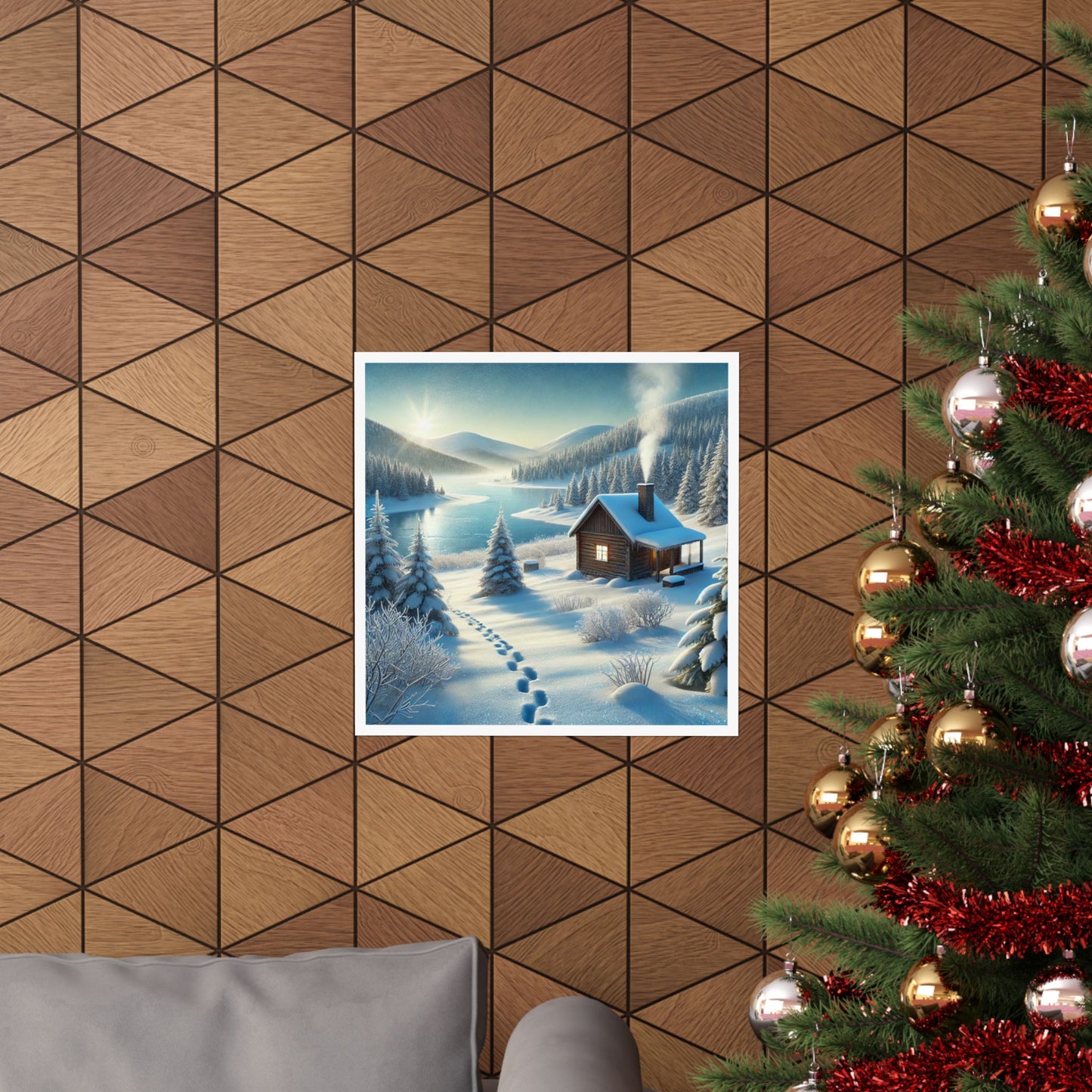 Snowy Cabin Winter Lake Landscape Art Poster