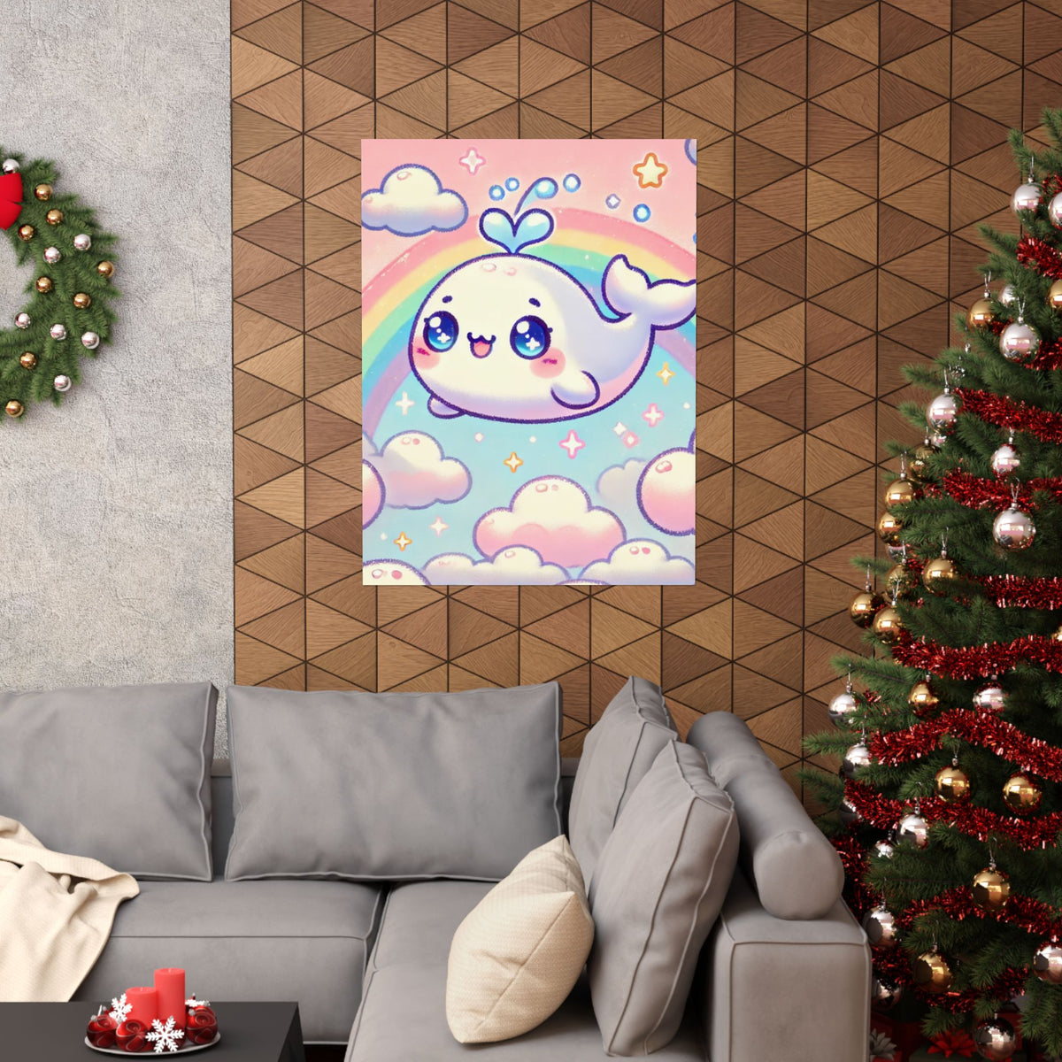 Kawaii Rainbow Whale Pastel Cloud Wall Art Poster