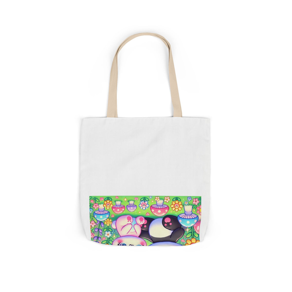 Pastel Panda and Bunny Rainbow Garden Canvas Tote Bag