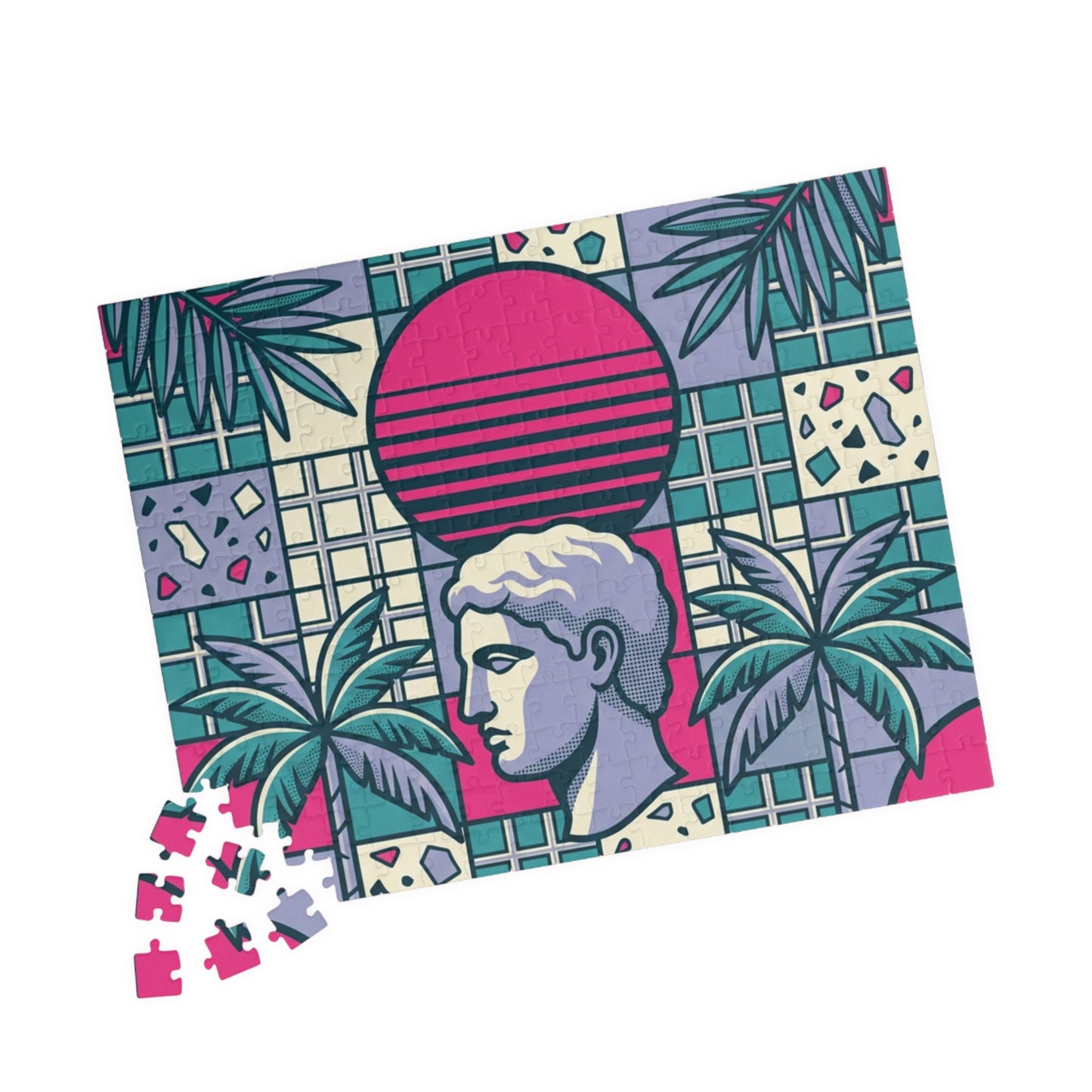 Vaporwave Roman Bust Puzzle | Retro Sunset Palm Trees 252-520-1014 pcs