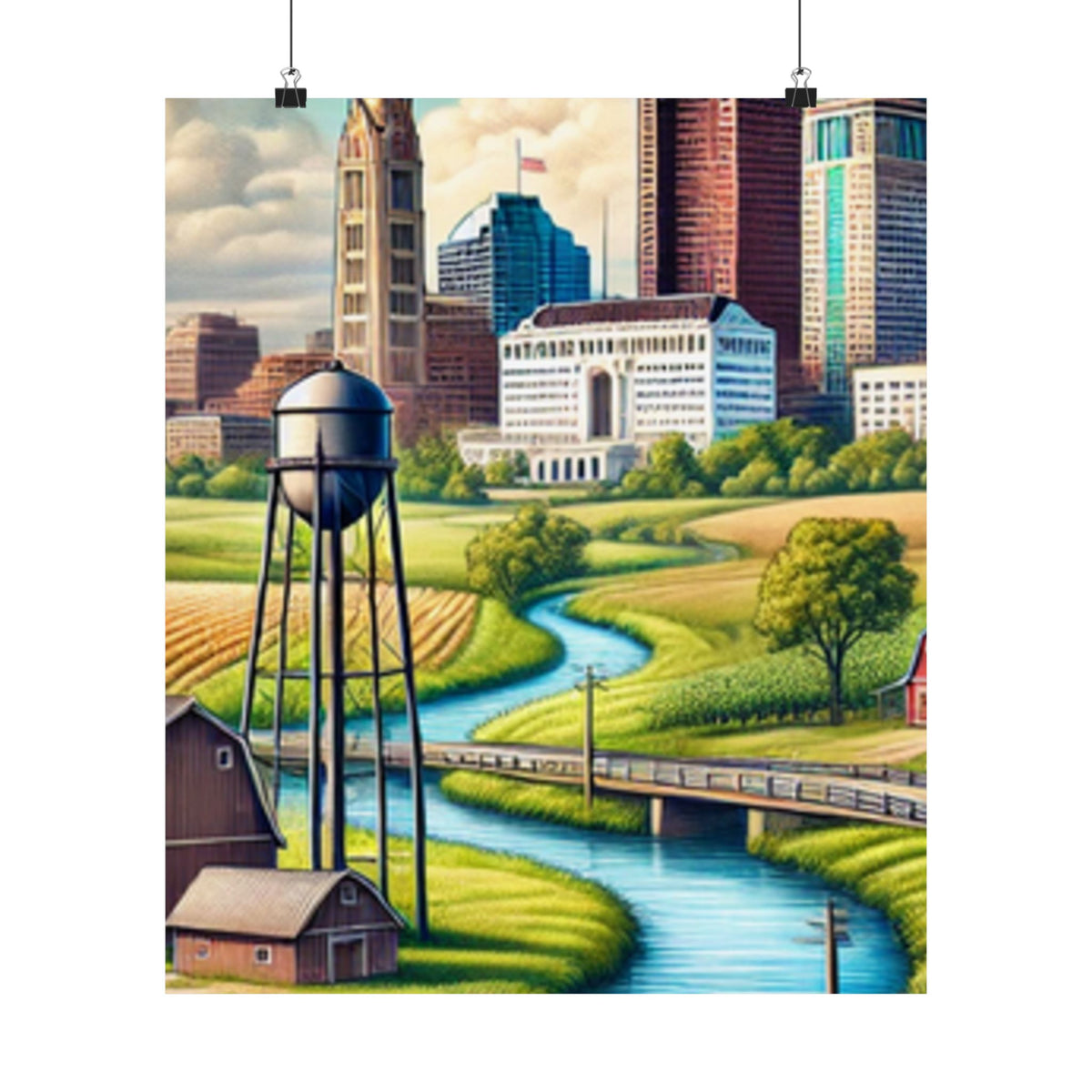 Rural River City Skyline Hometown Landscape Poster Art