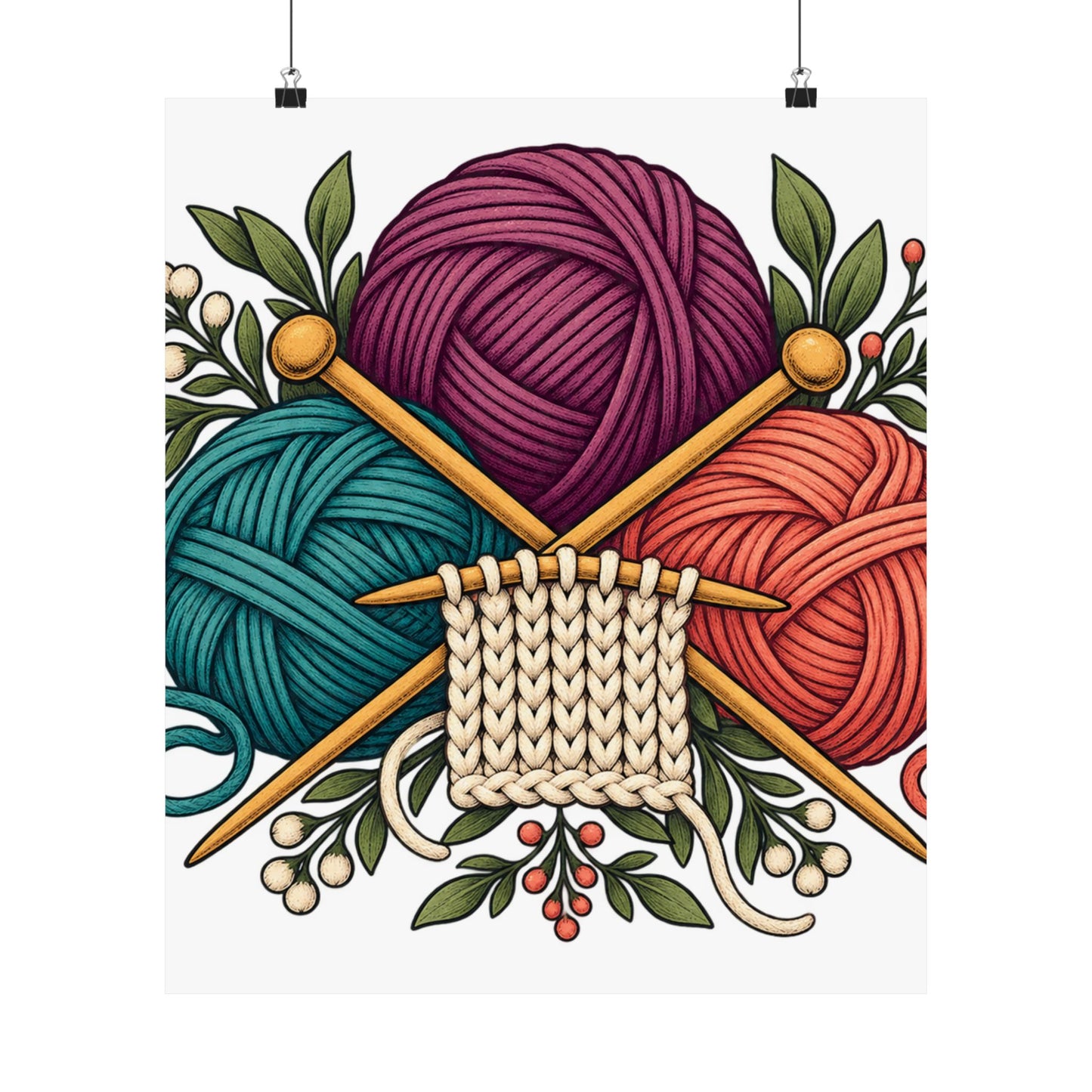 Retro Yarn and Knitting Botanical Art Poster