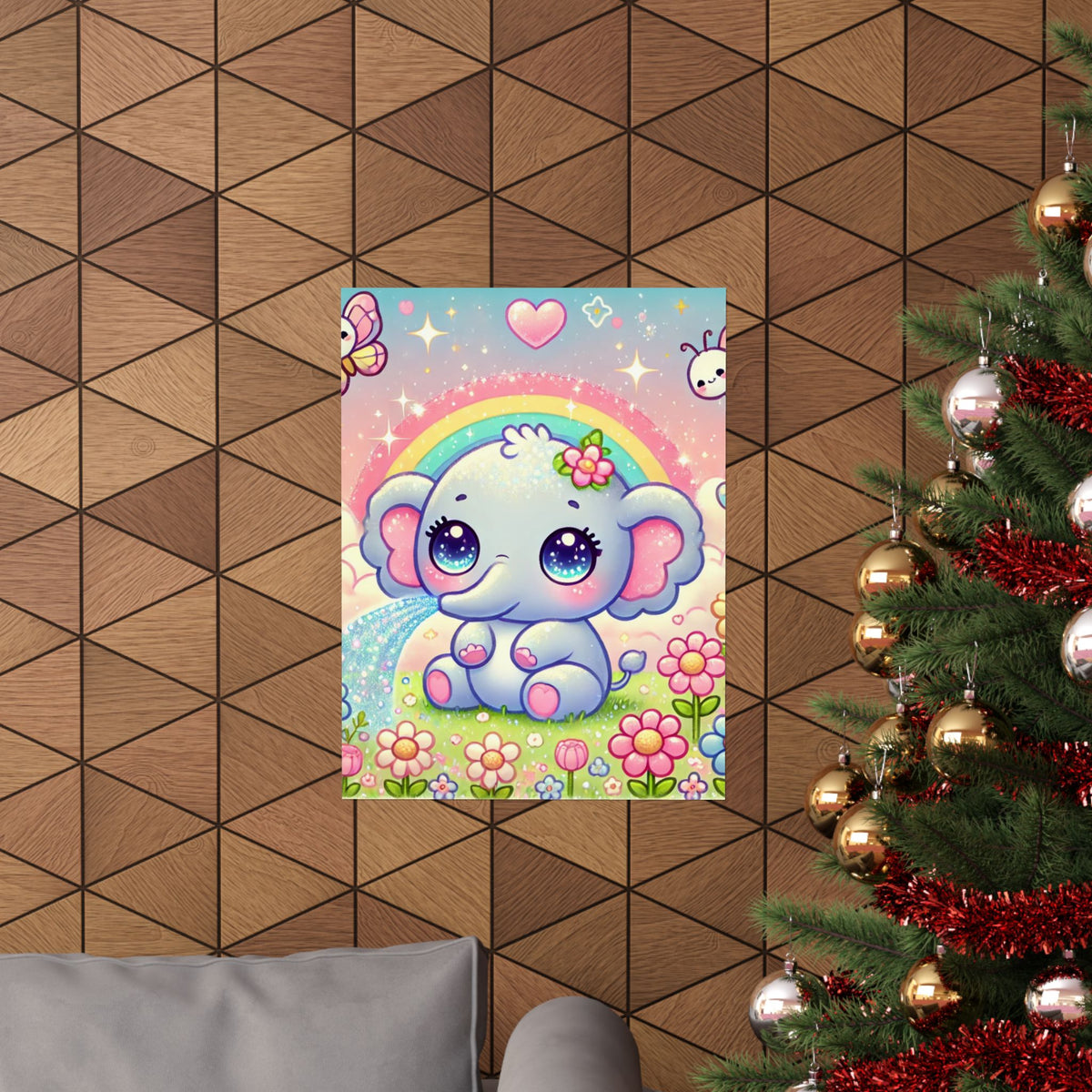 Pastel Rainbow Baby Elephant Floral Wall Art Poster