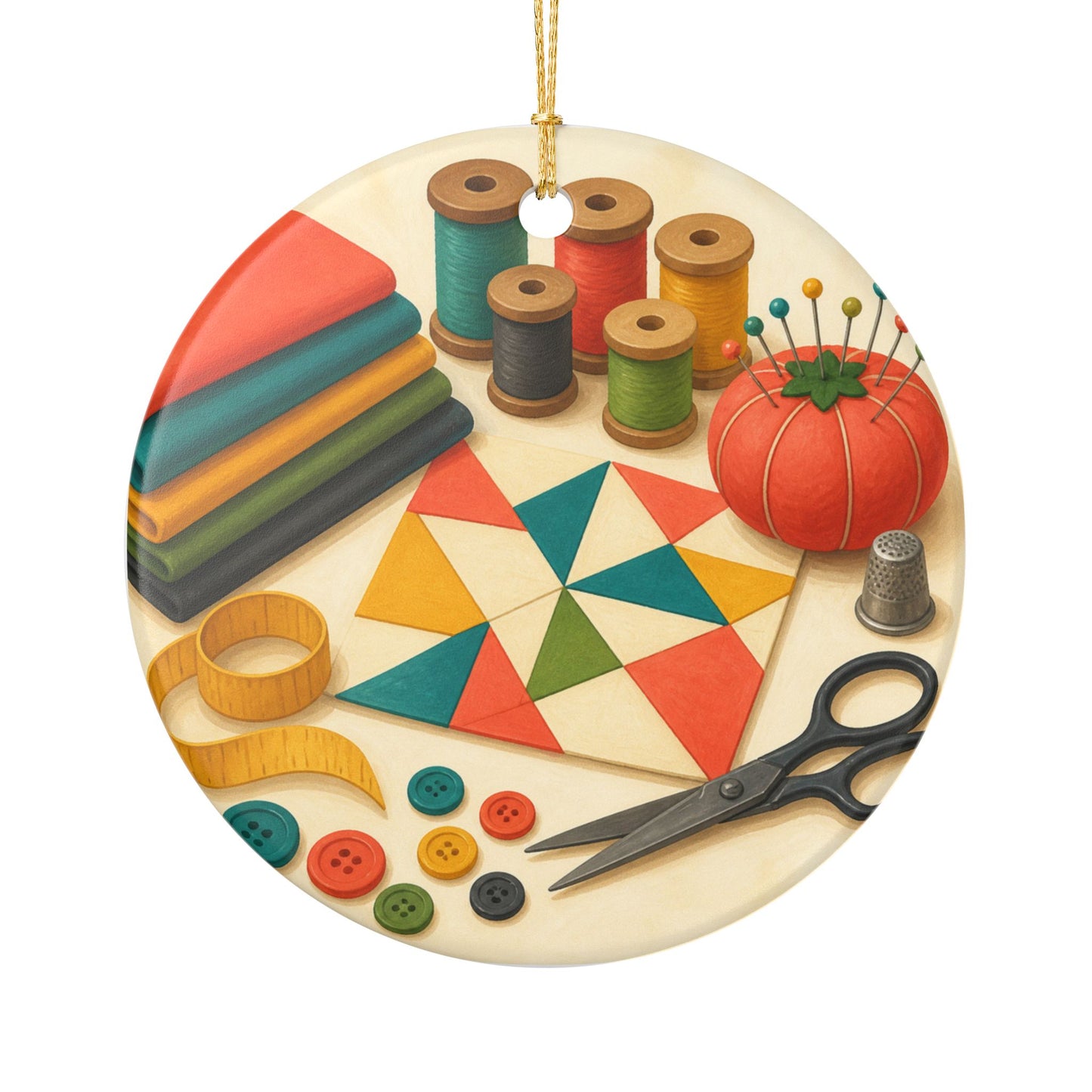 Colorful Sewing and Quilting Hobby Art Ceramic Ornament, Holiday Keepsake and Gi