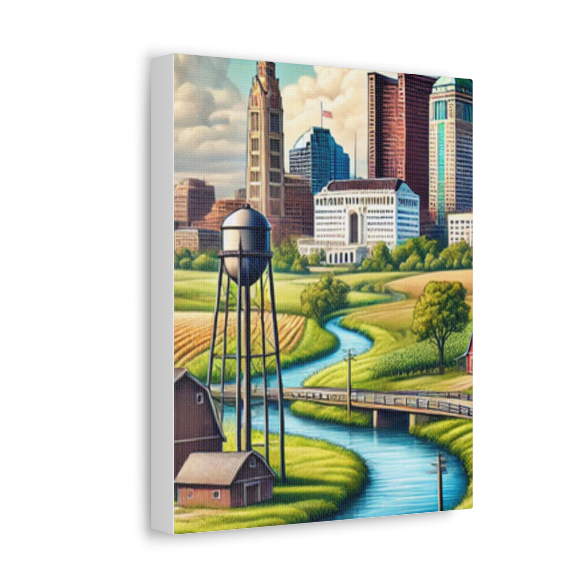 Rural River City Skyline Hometown Landscape Canvas Wall Art