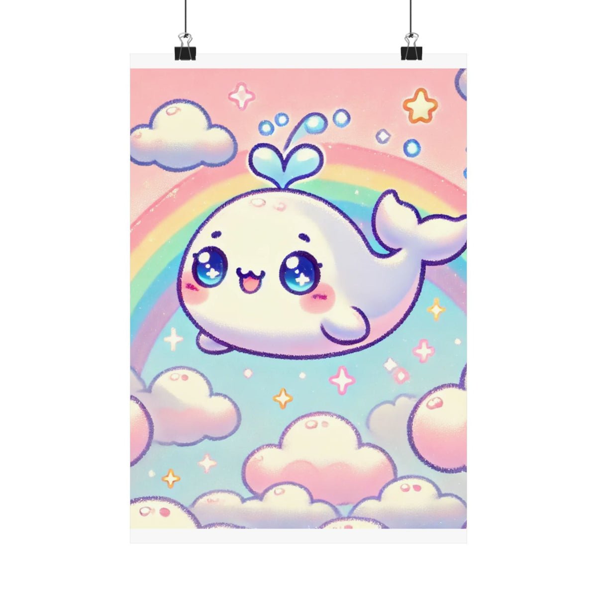 Kawaii Rainbow Whale Pastel Cloud Wall Art Poster