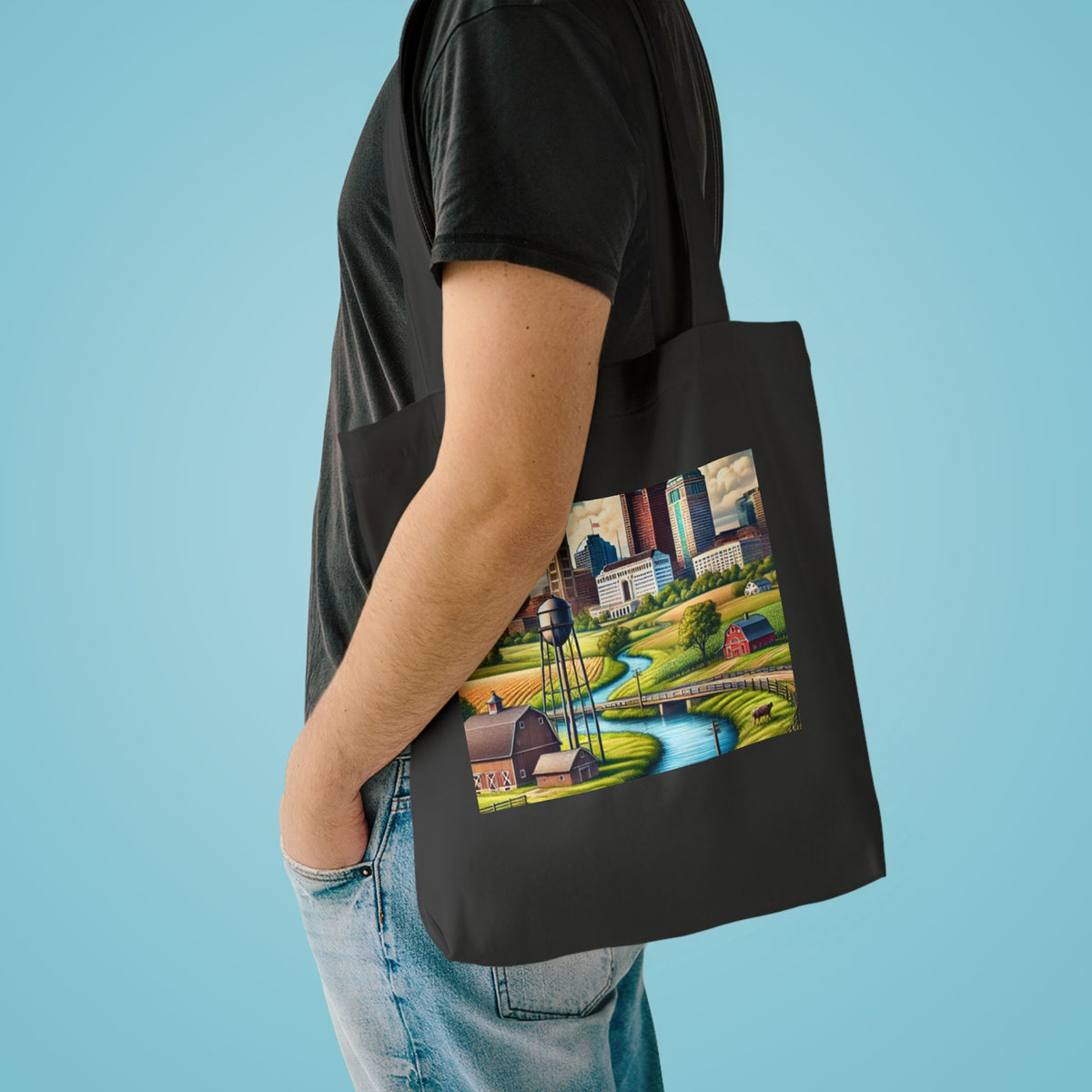 Rural River City Skyline Hometown Landscape Tote Bag