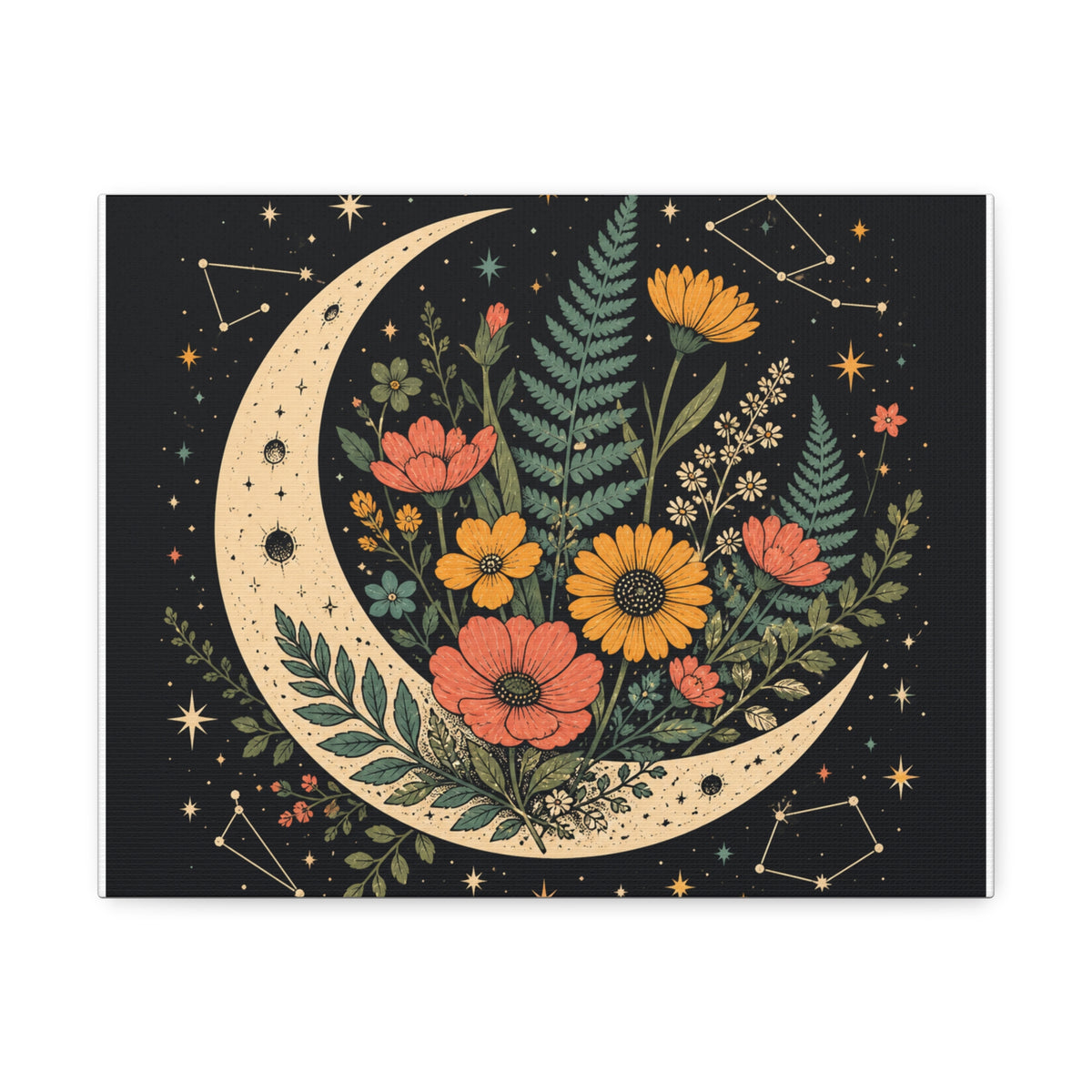 Celestial Wildflower Crescent Moon Botanical Canvas Art