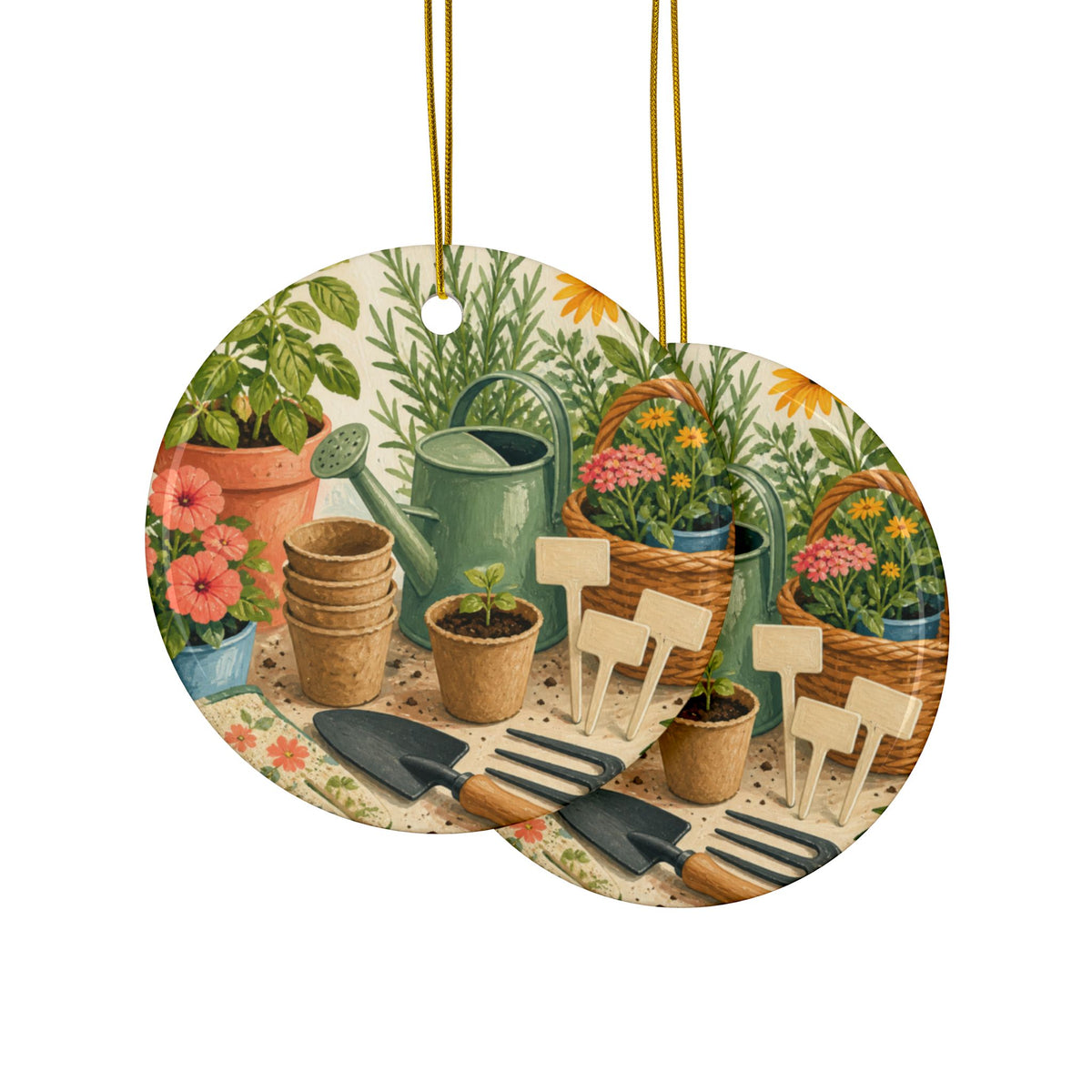 Colorful Gardening Tools and Flowers Hobby Art Ceramic Ornament, Holiday Keepsak