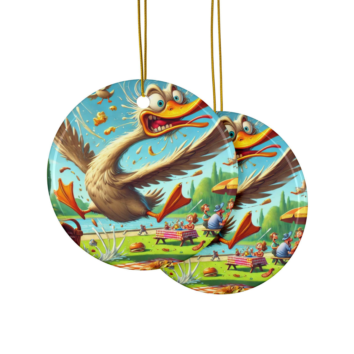 Chaotic Picnic Duck Funny Summer Adventure Art Ceramic Ornament, Holiday Keepsak