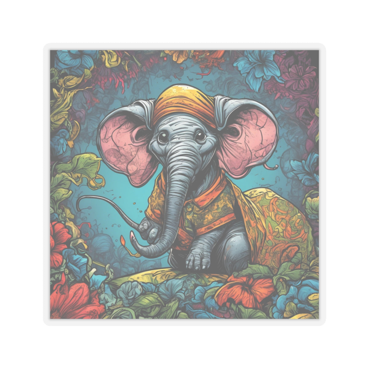 Colorful Storybook Elephant Floral Garden Sticker
