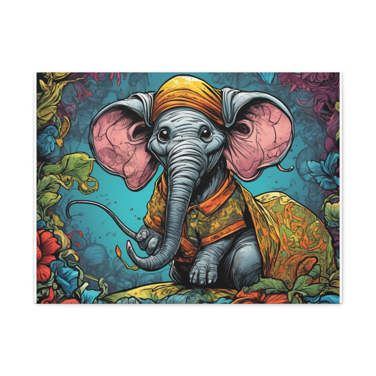 Colorful Storybook Elephant Floral Garden Canvas Wall Art