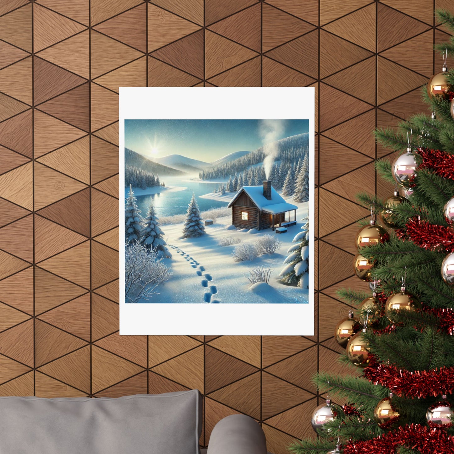 Snowy Cabin Winter Lake Landscape Art Poster