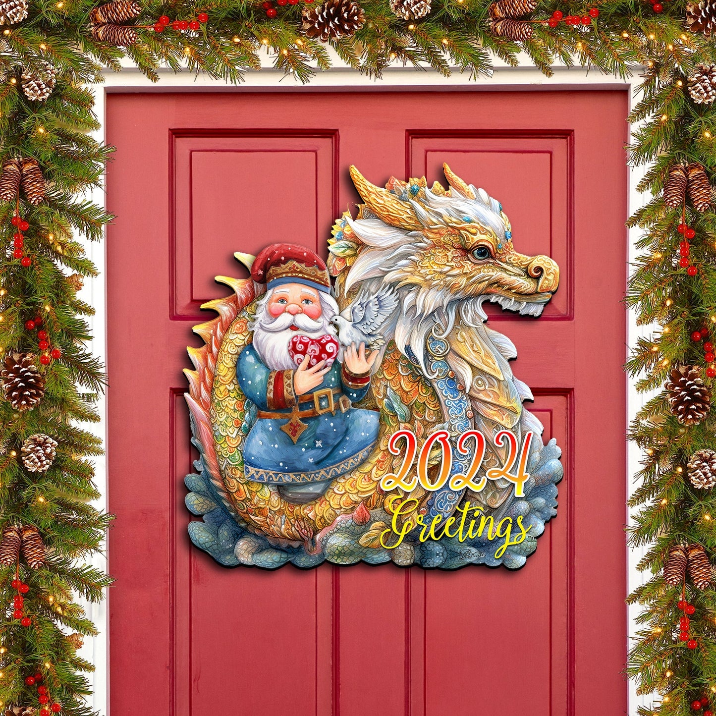 2024 Dated Santa with Dragon Holiday Door Decor by G. Debrekht - Christmas Santa Snowman Decor - 8611088H