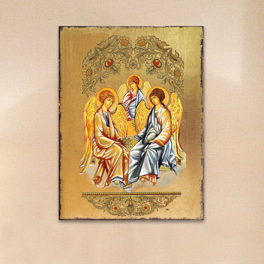 Old Testament Trinity Wooden Gold Plated Religious Orthodox Sacred Icon - Inspirational Icon Decor - 85015
