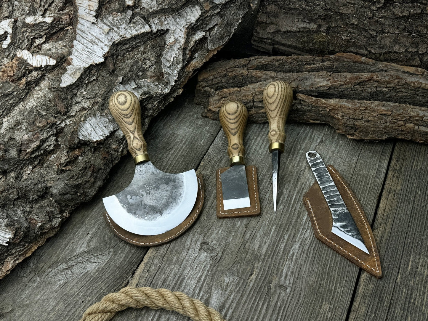 4-Piece Leather Tool Set with Leather Sheaths