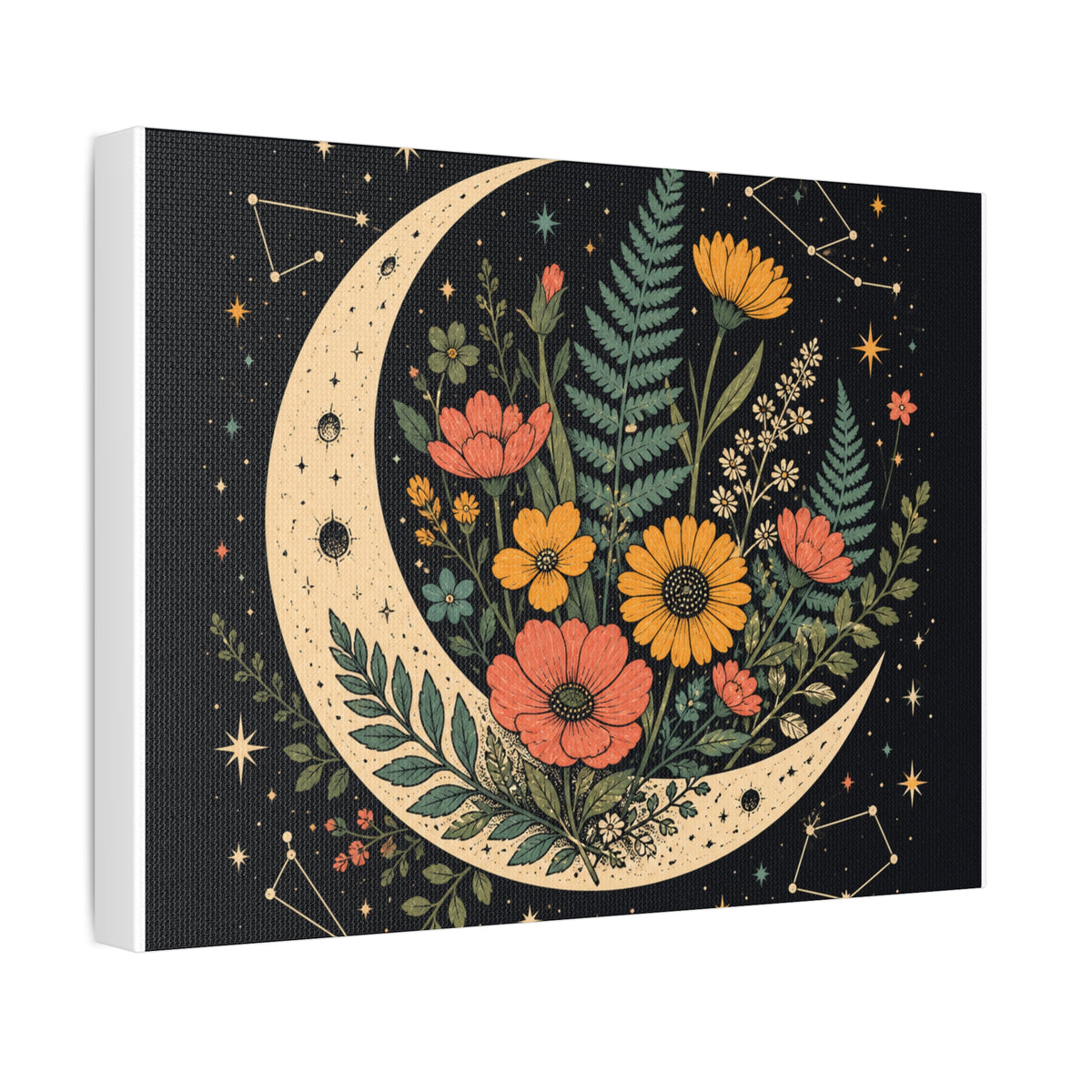 Celestial Wildflower Crescent Moon Botanical Canvas Art