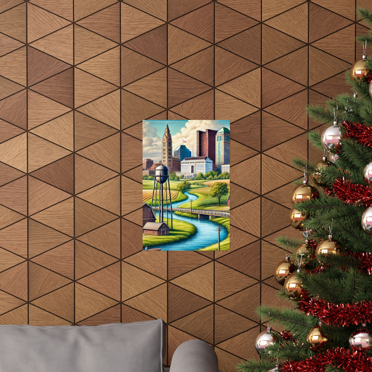 Rural River City Skyline Hometown Landscape Poster Art