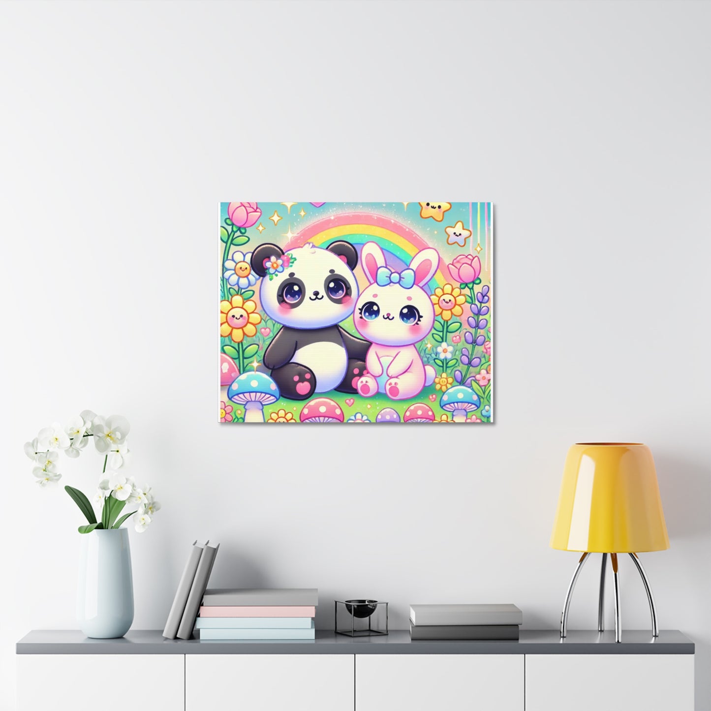 Pastel Panda and Bunny Rainbow Garden Canvas Wall Art