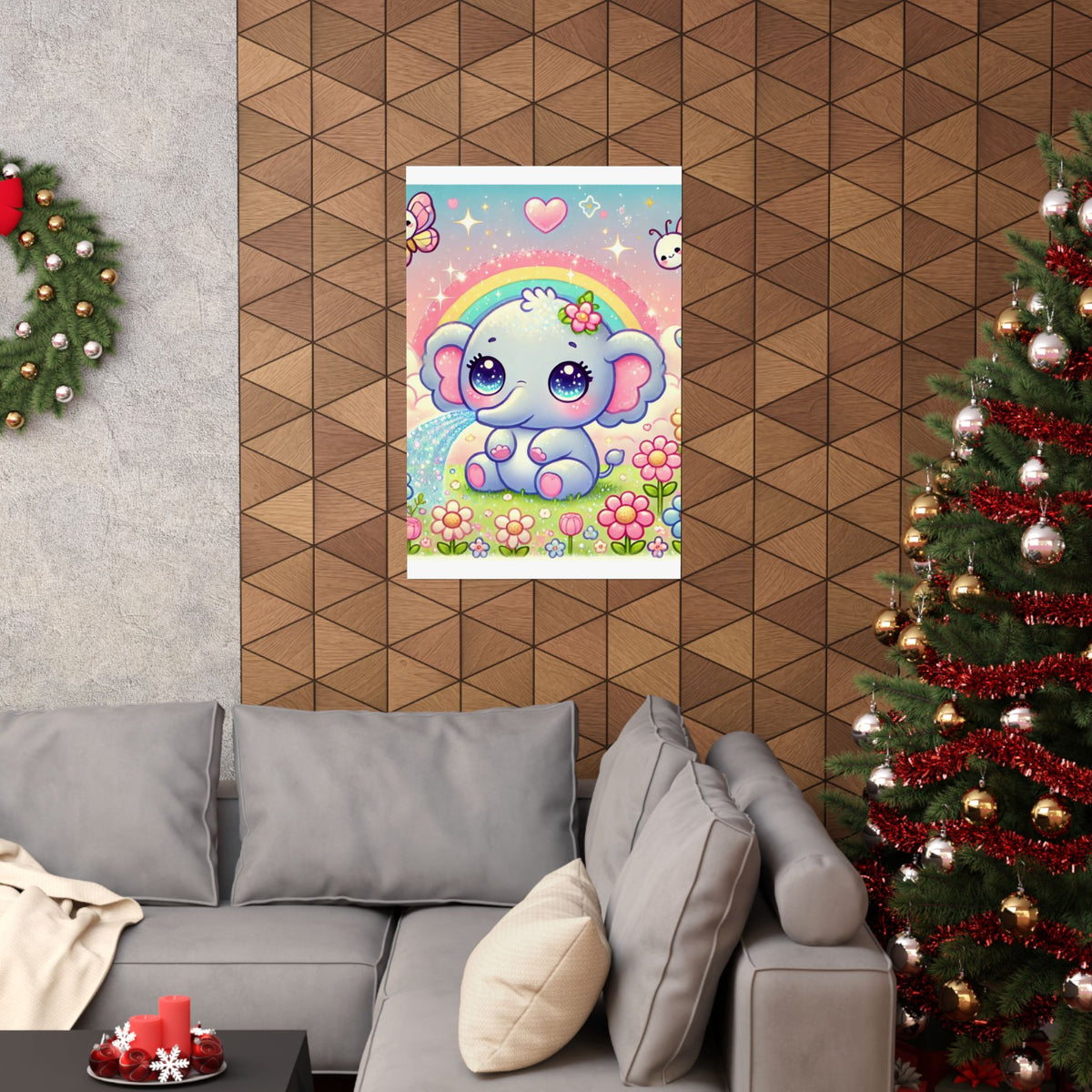 Pastel Rainbow Baby Elephant Floral Wall Art Poster