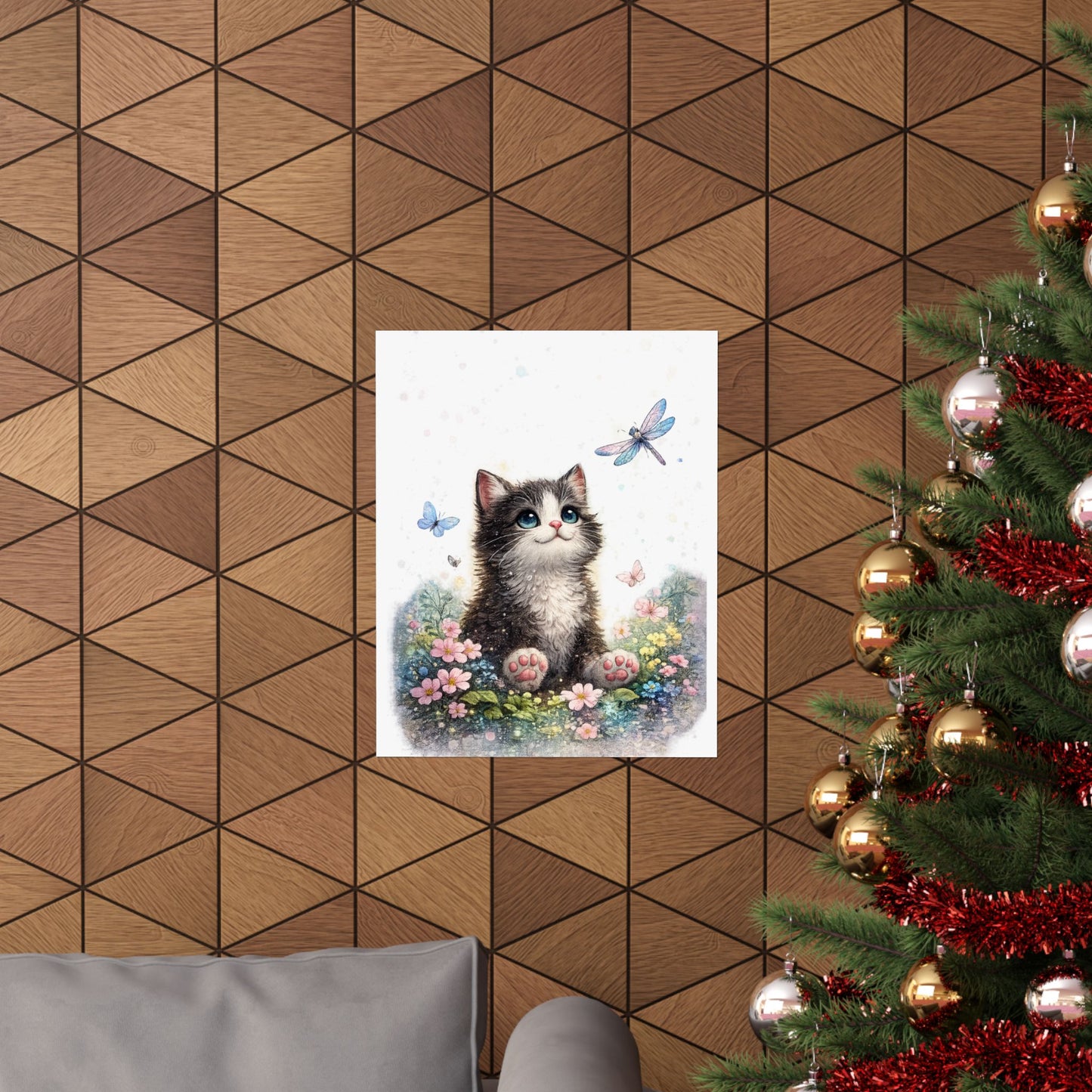 Whimsical Kitten Butterfly Garden Art Poster