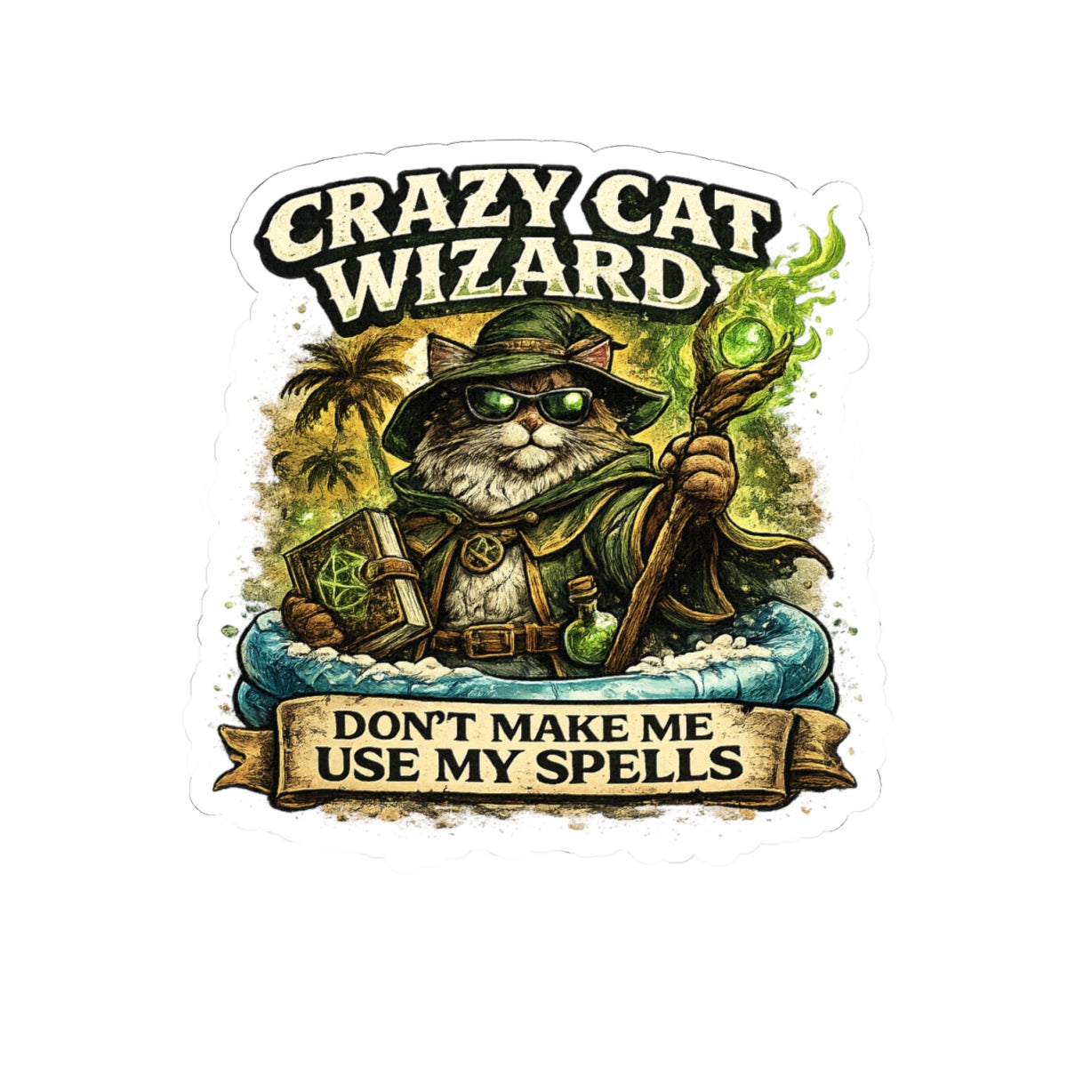Crazy Cat Wizard Funny Fantasy Magic Sticker