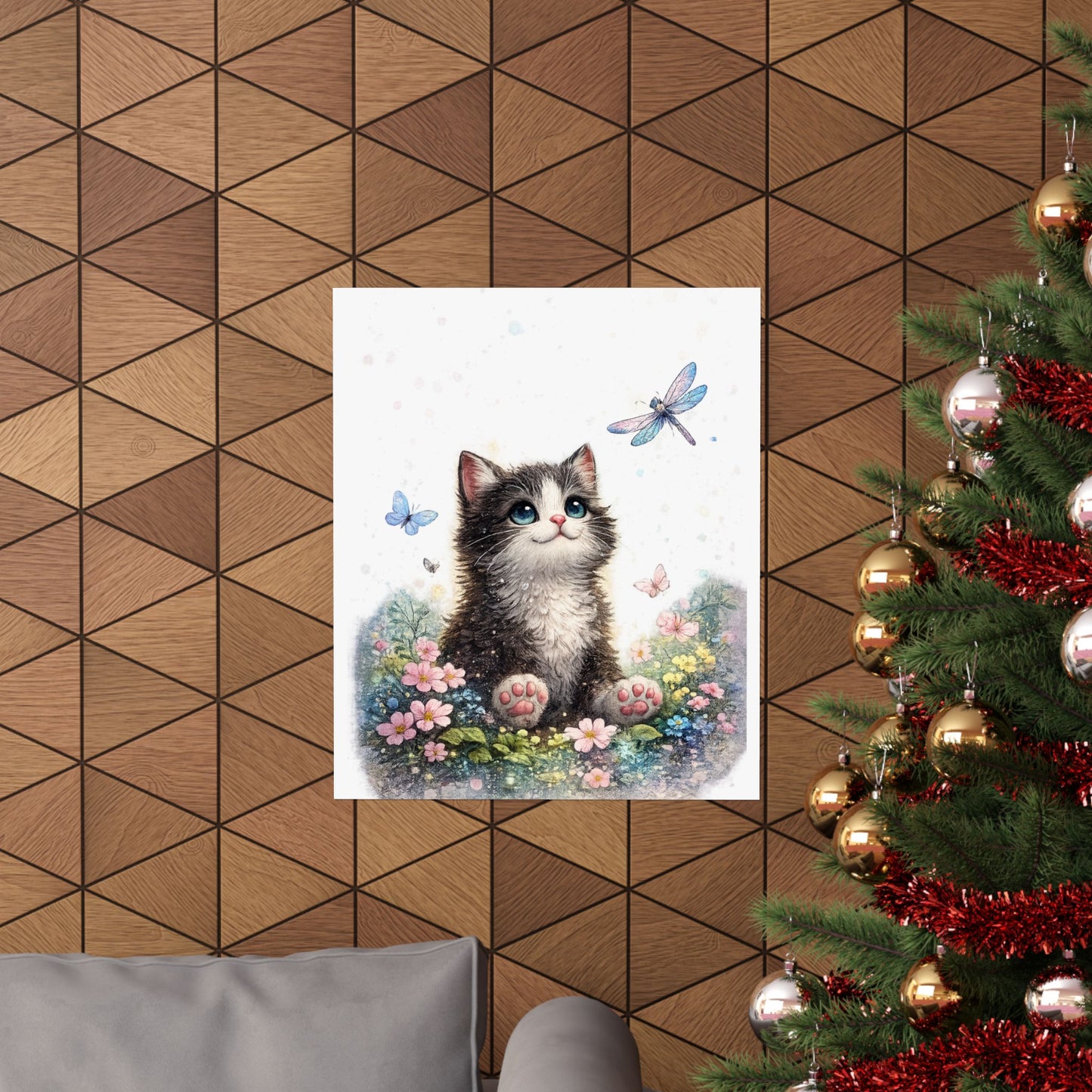 Whimsical Kitten Butterfly Garden Art Poster